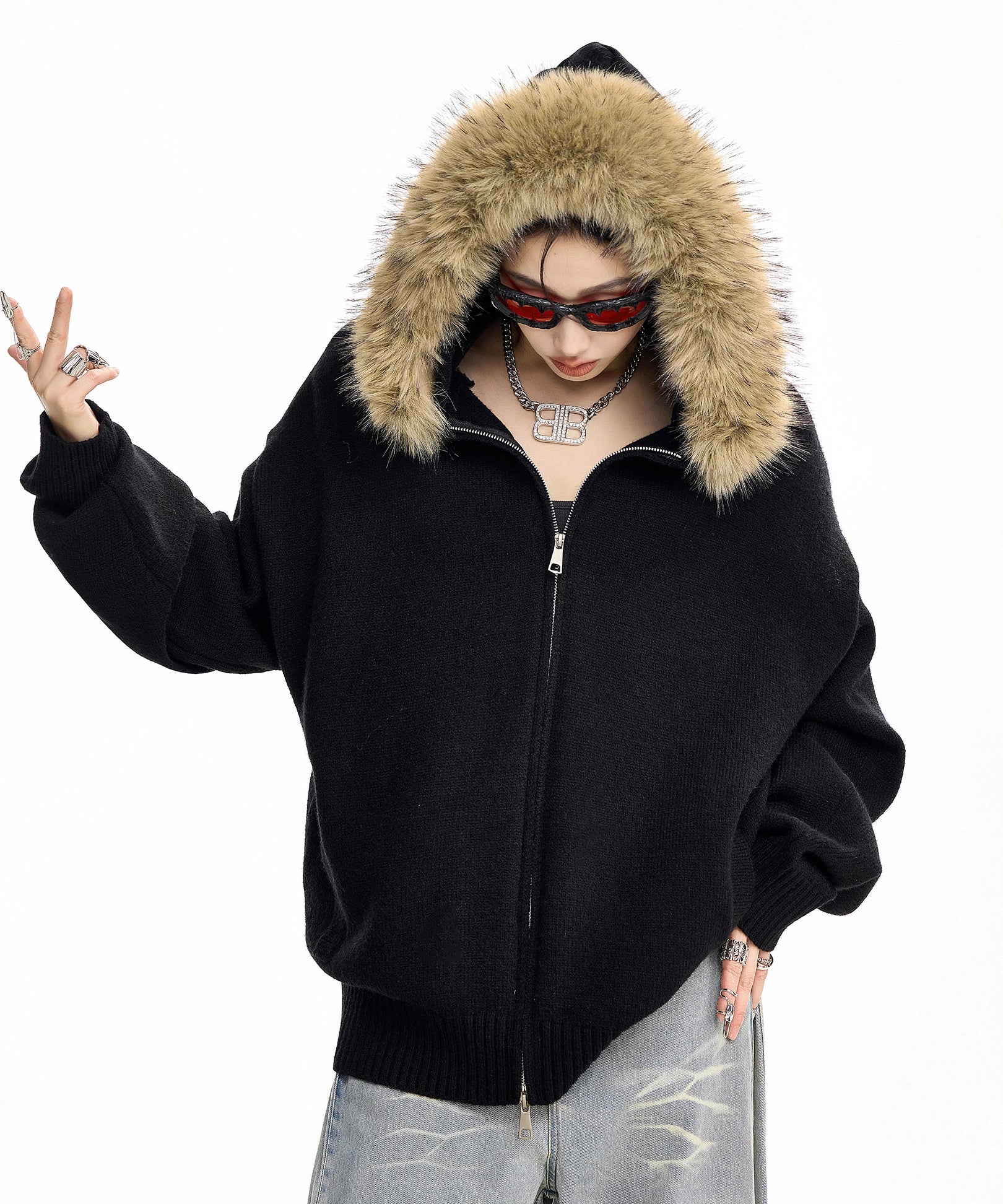 ICH MODE 美式复古毛领毛衣外套女秋冬宽松开衫连帽毛针织衫上衣