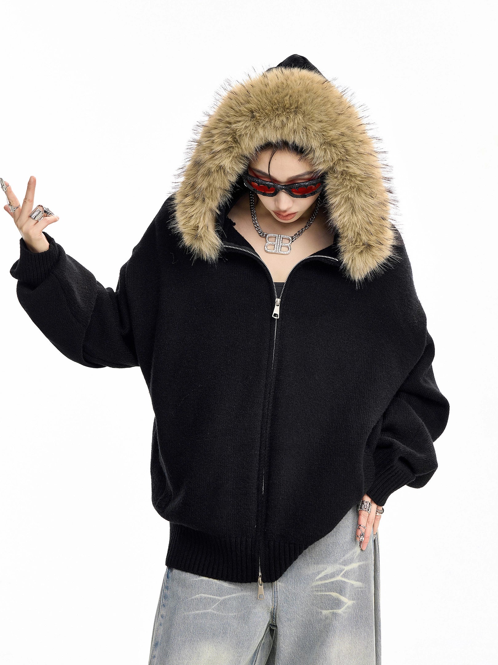 ICH MODE 美式复古毛领毛衣外套女秋冬宽松开衫连帽毛针织衫上衣