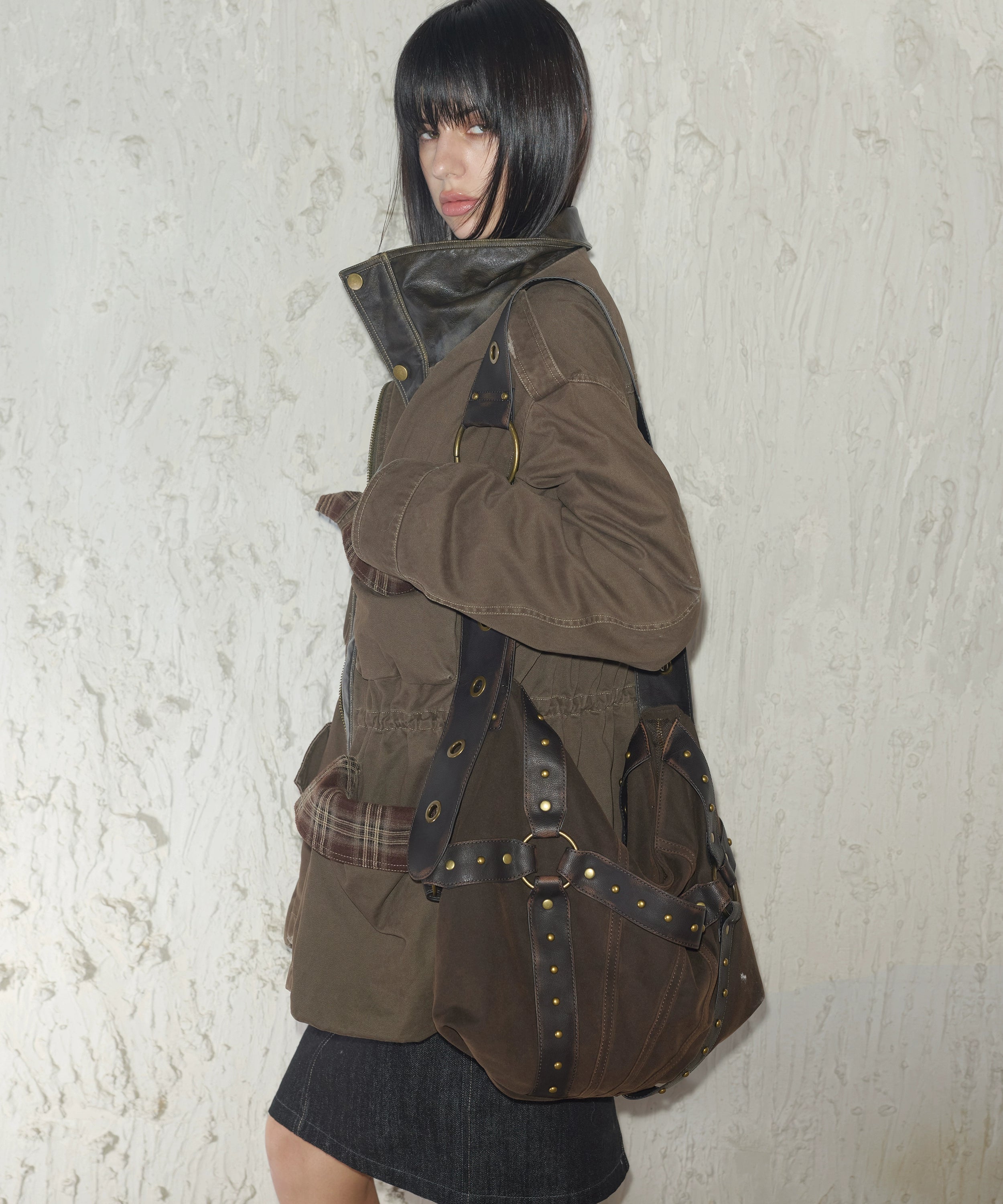 2th Desire重工做旧磨破复古拼色拉链中长款立体口袋工装风衣外套