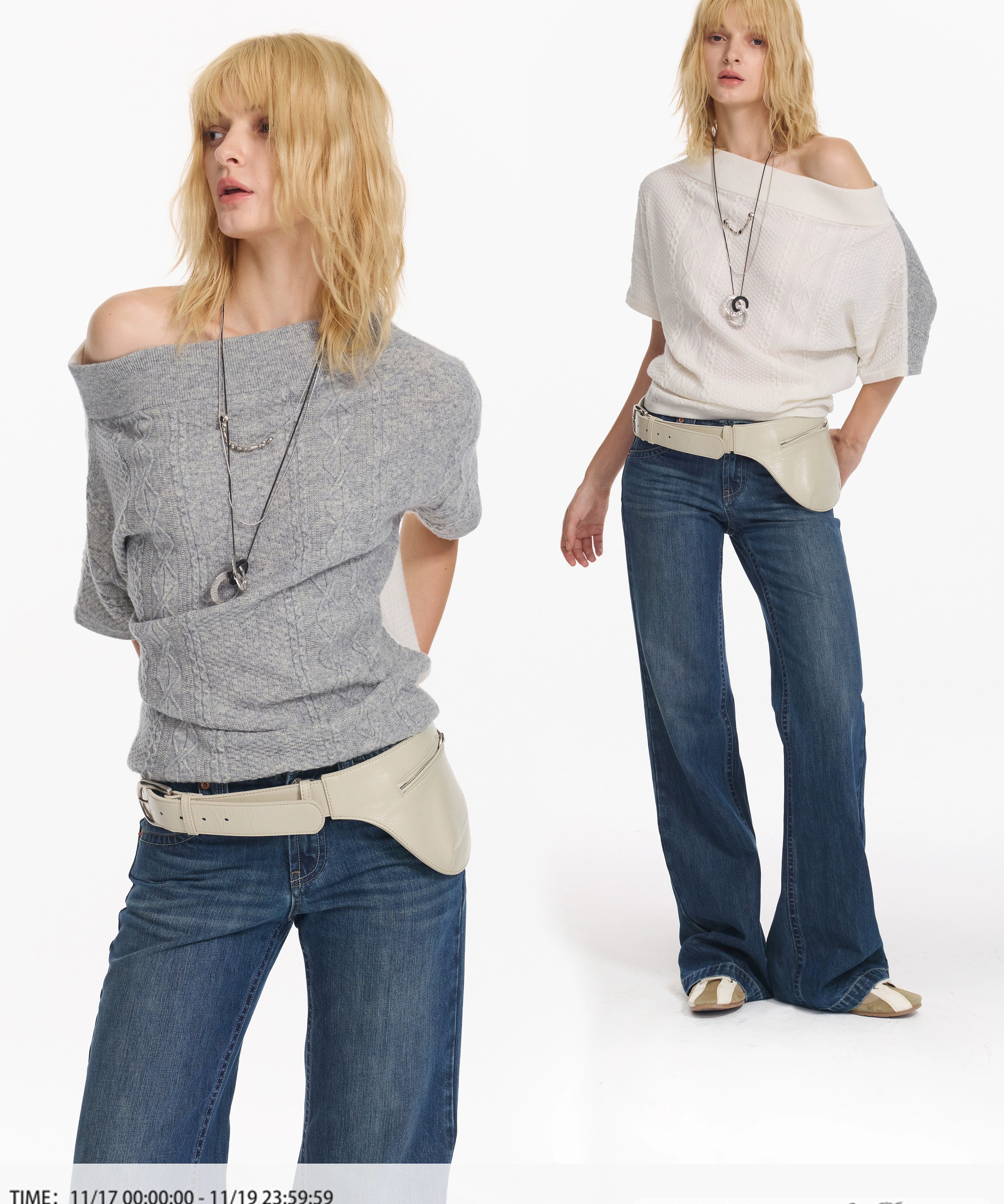 2th Desire 撞色斜肩宽松蝙蝠袖绞花设计感小众短袖外穿毛针织衫