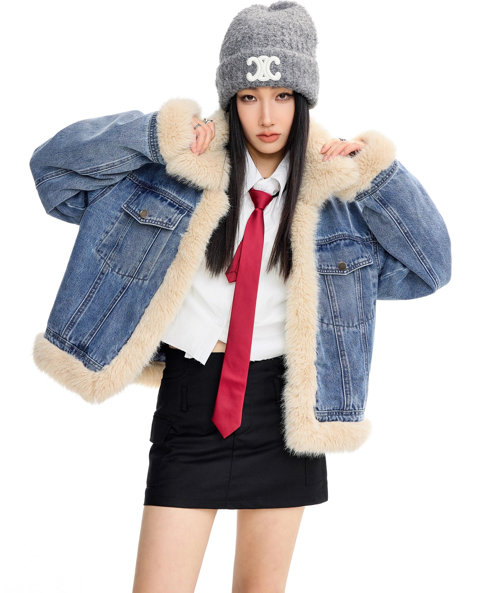 ICH MODE 美式复古毛领短款牛仔外套女秋冬季小香风夹克棉服上衣