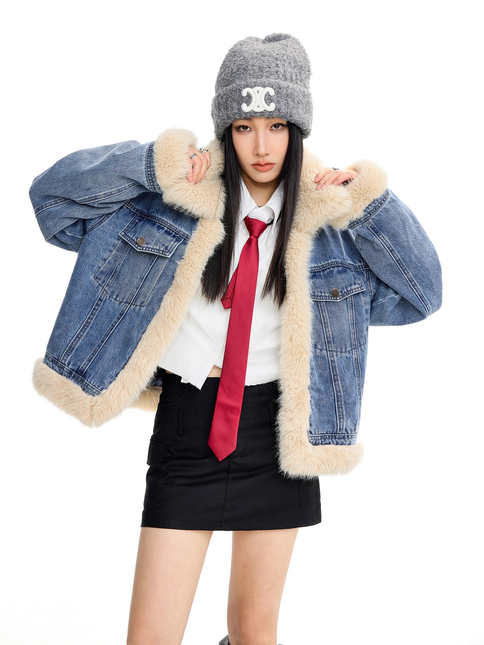 ICH MODE 美式复古毛领短款牛仔外套女秋冬季小香风夹克棉服上衣