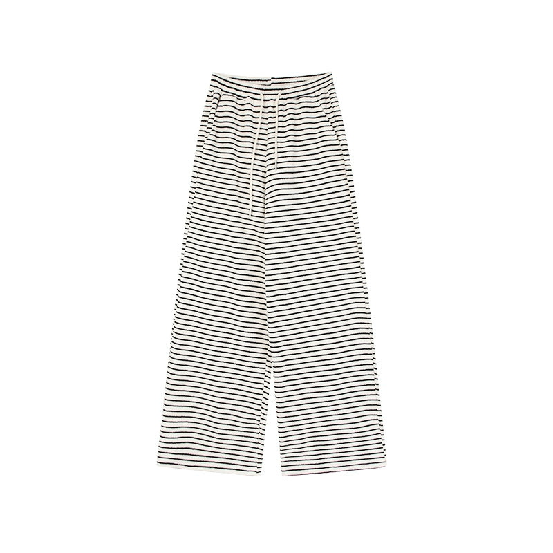 野生zero黑白条纹裤女夏季显瘦宽松慵懒风松紧腰阔腿直筒休闲裤子