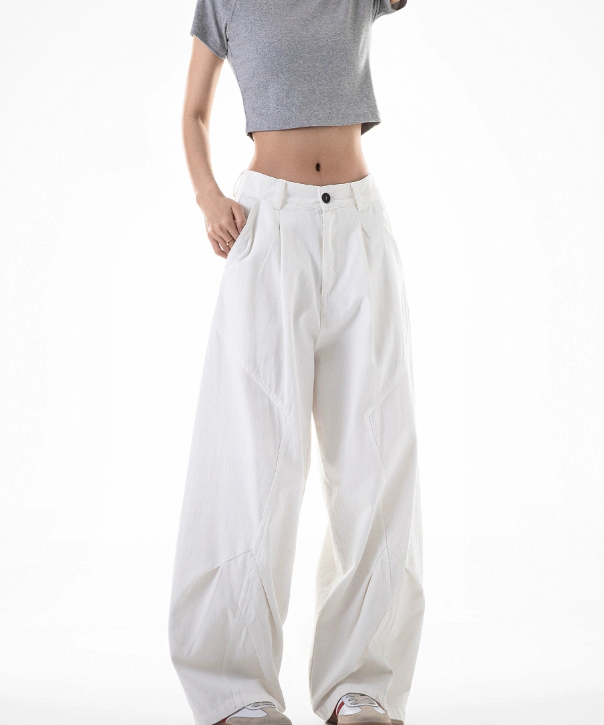 ICH MODE 美式复古白色弯刀裤女夏季宽松bf直筒阔腿裤休闲工装裤