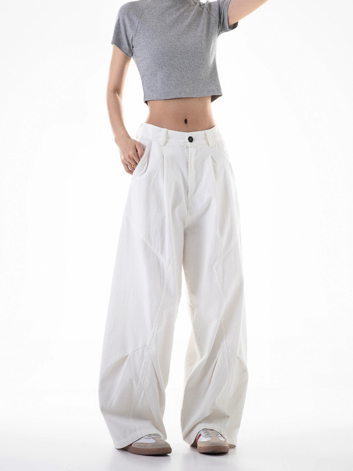 ICH MODE 美式复古白色弯刀裤女夏季宽松bf直筒阔腿裤休闲工装裤