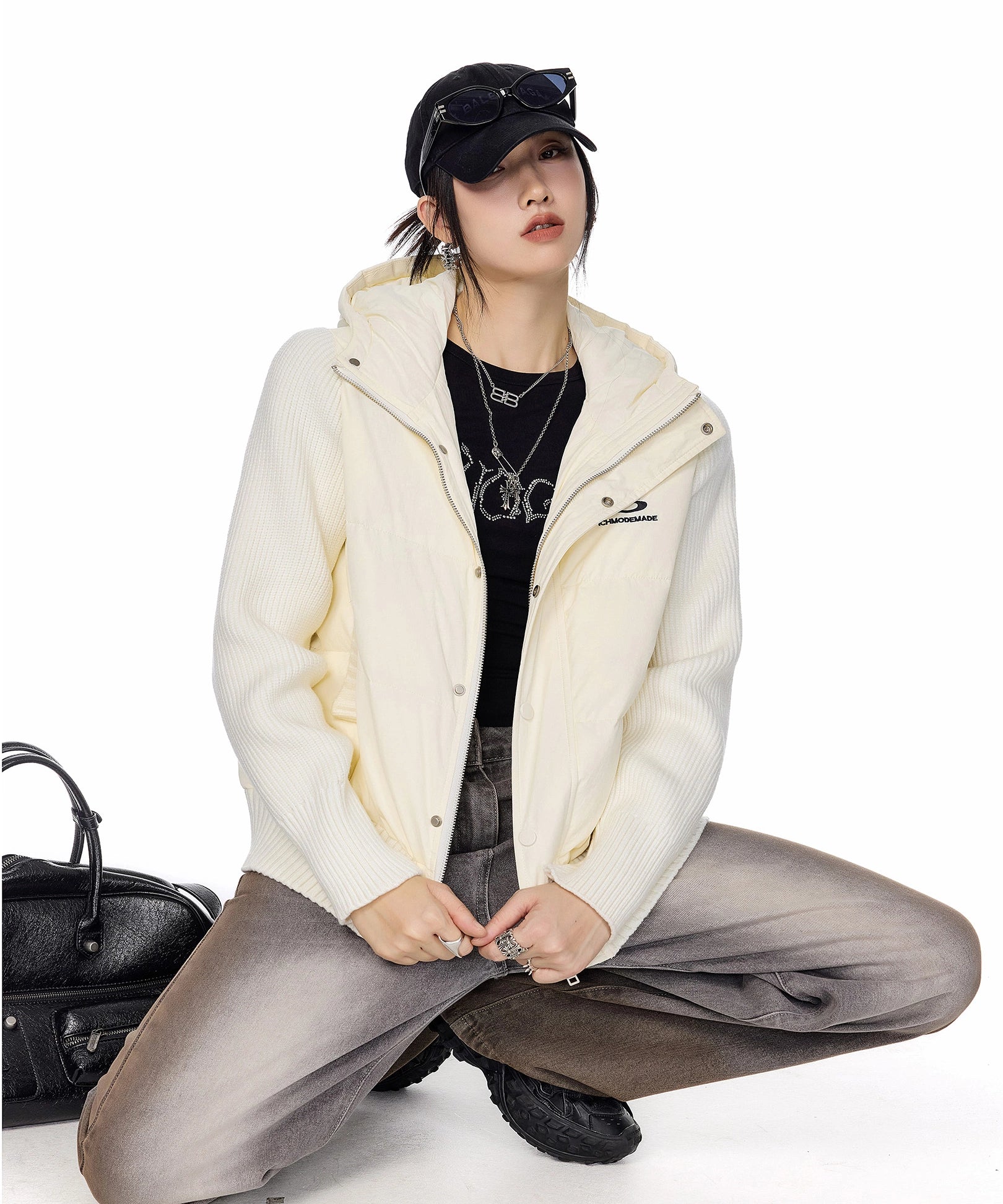 ICH MODE 美式复古假两件短款棉服外套女秋冬季修身连帽棉衣上衣