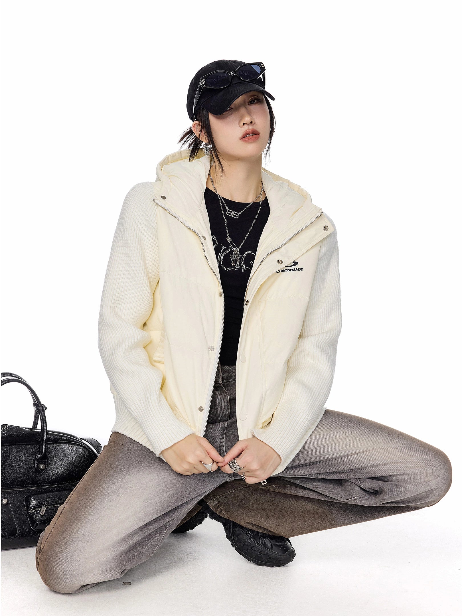 ICH MODE 美式复古假两件短款棉服外套女秋冬季修身连帽棉衣上衣