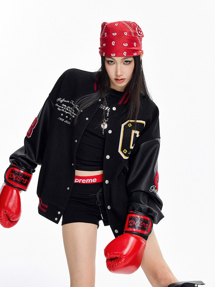 ICH MODE 美式复古撞色外套女2025年新款秋冬开衫上衣宽松棒球服