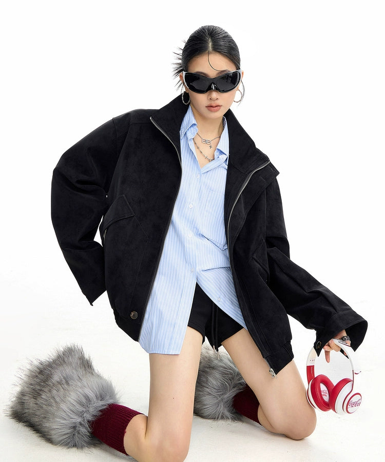 ICH MODE 美式复古工装立领短外套女秋冬新款飞行员夹克宽松上衣