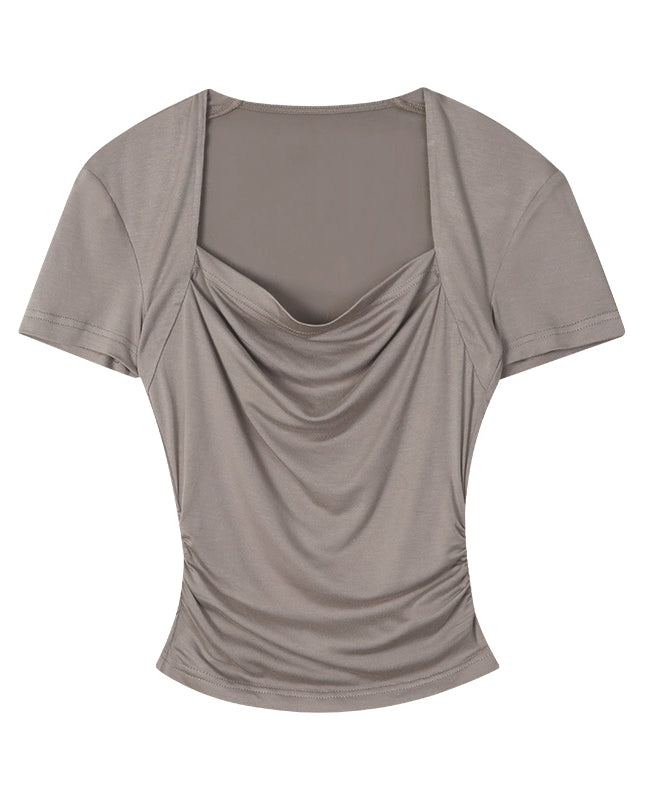 野生zerocircle 黑灰色方领正肩短袖t恤女夏辣妹修身显瘦短款上衣