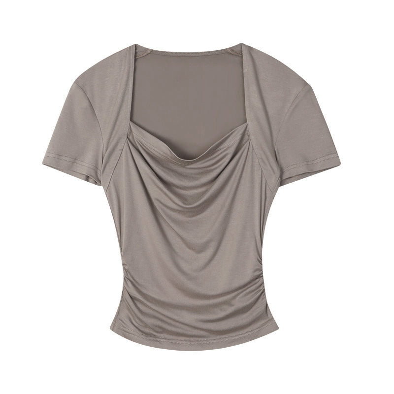 野生zerocircle 黑灰色方领正肩短袖t恤女夏辣妹修身显瘦短款上衣