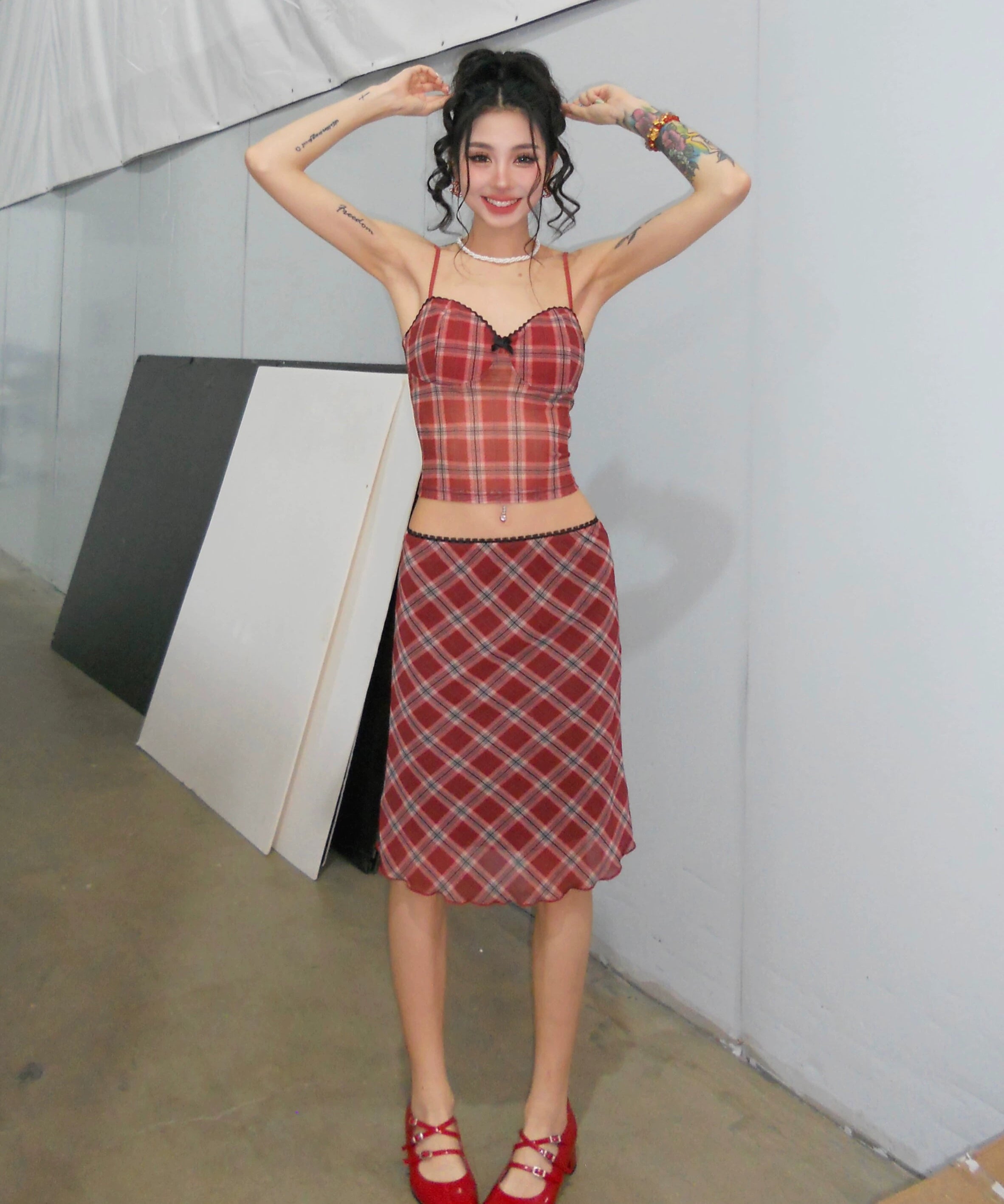 野生zerocircle黑红色格子吊带胸垫背心内搭女春夏季辣妹网纱上衣