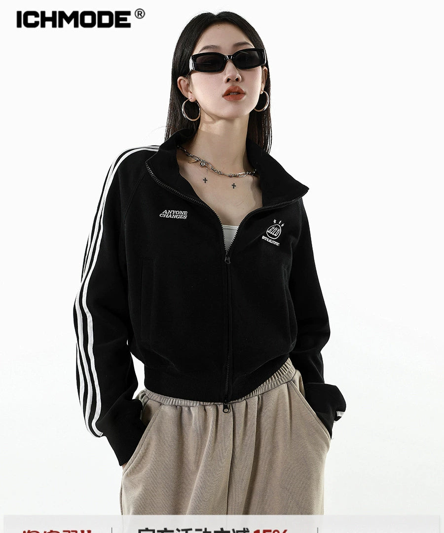 ICH MODE 美式修身短款黑色外套女2025新款秋冬运动连帽卫衣开衫