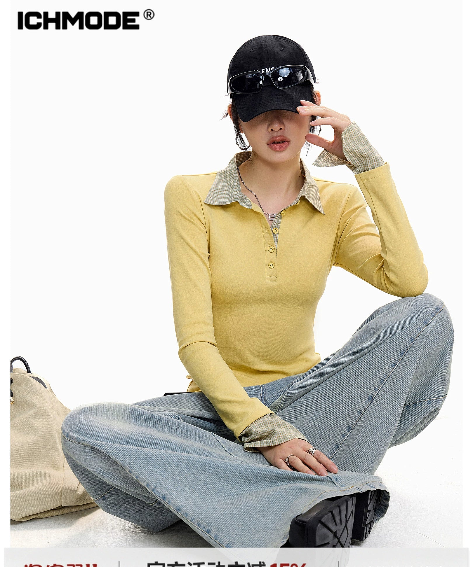 ICH MODE 美式复古格子拼接长袖POLOT恤女秋冬修身正肩上衣打底衫