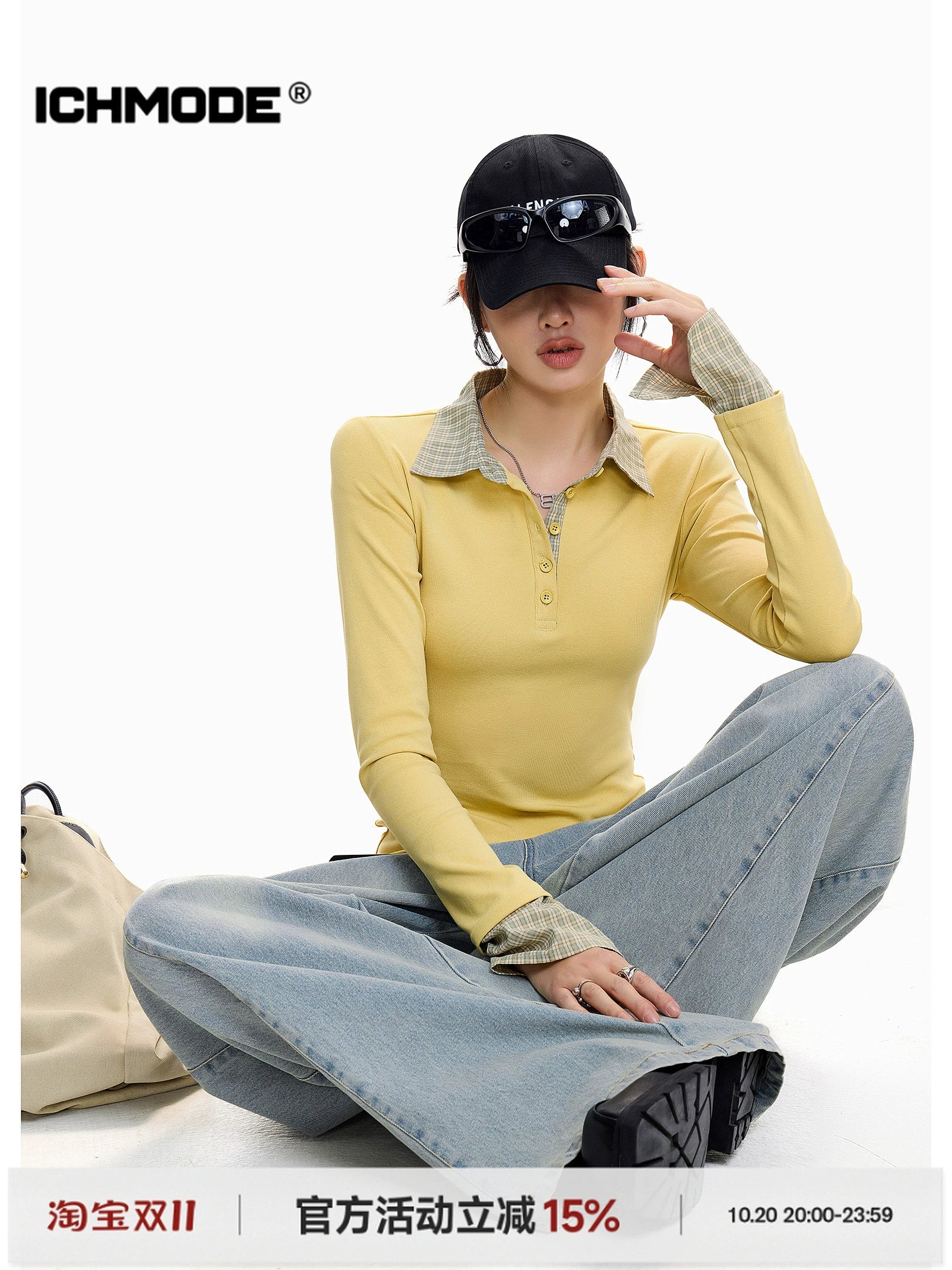 ICH MODE 美式复古格子拼接长袖POLOT恤女秋冬修身正肩上衣打底衫