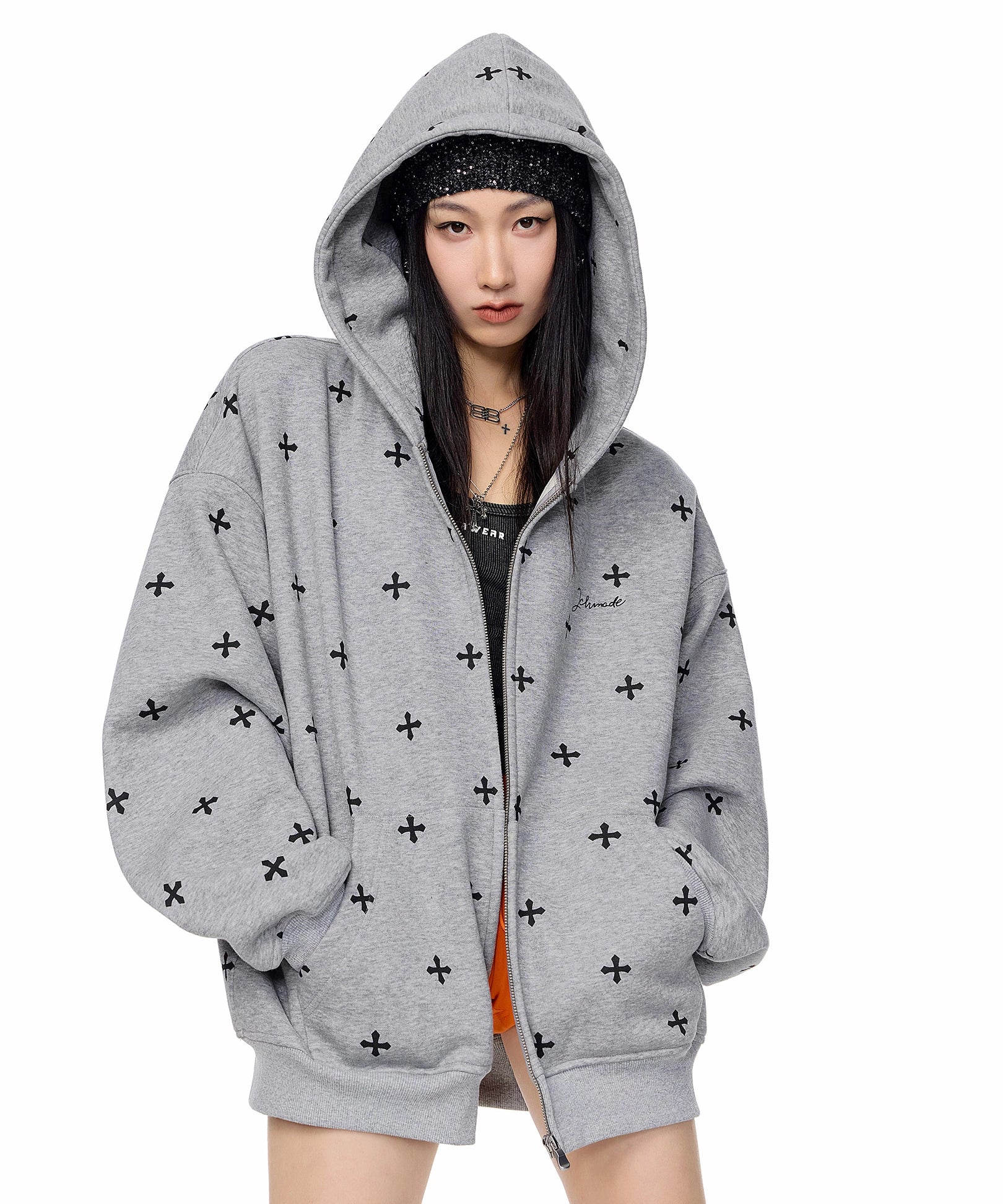 ICH MODE 美式复古满印十字架连帽卫衣外套女秋冬季拉链上衣开衫