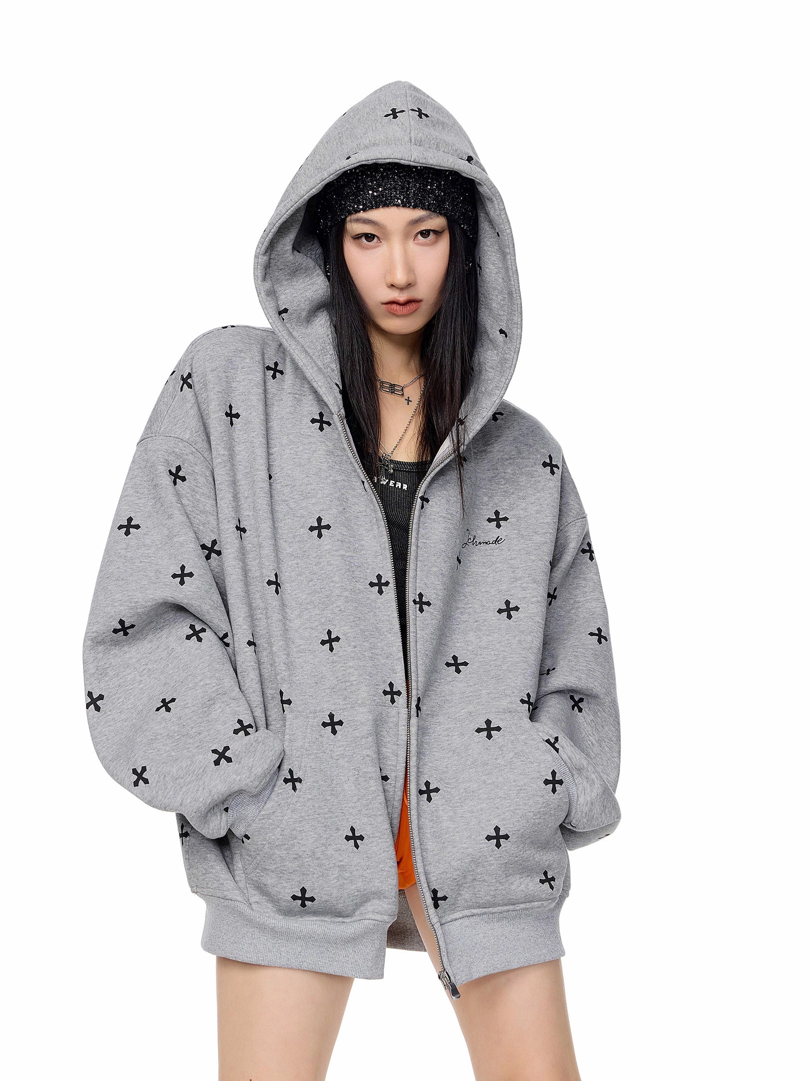 ICH MODE 美式复古满印十字架连帽卫衣外套女秋冬季拉链上衣开衫