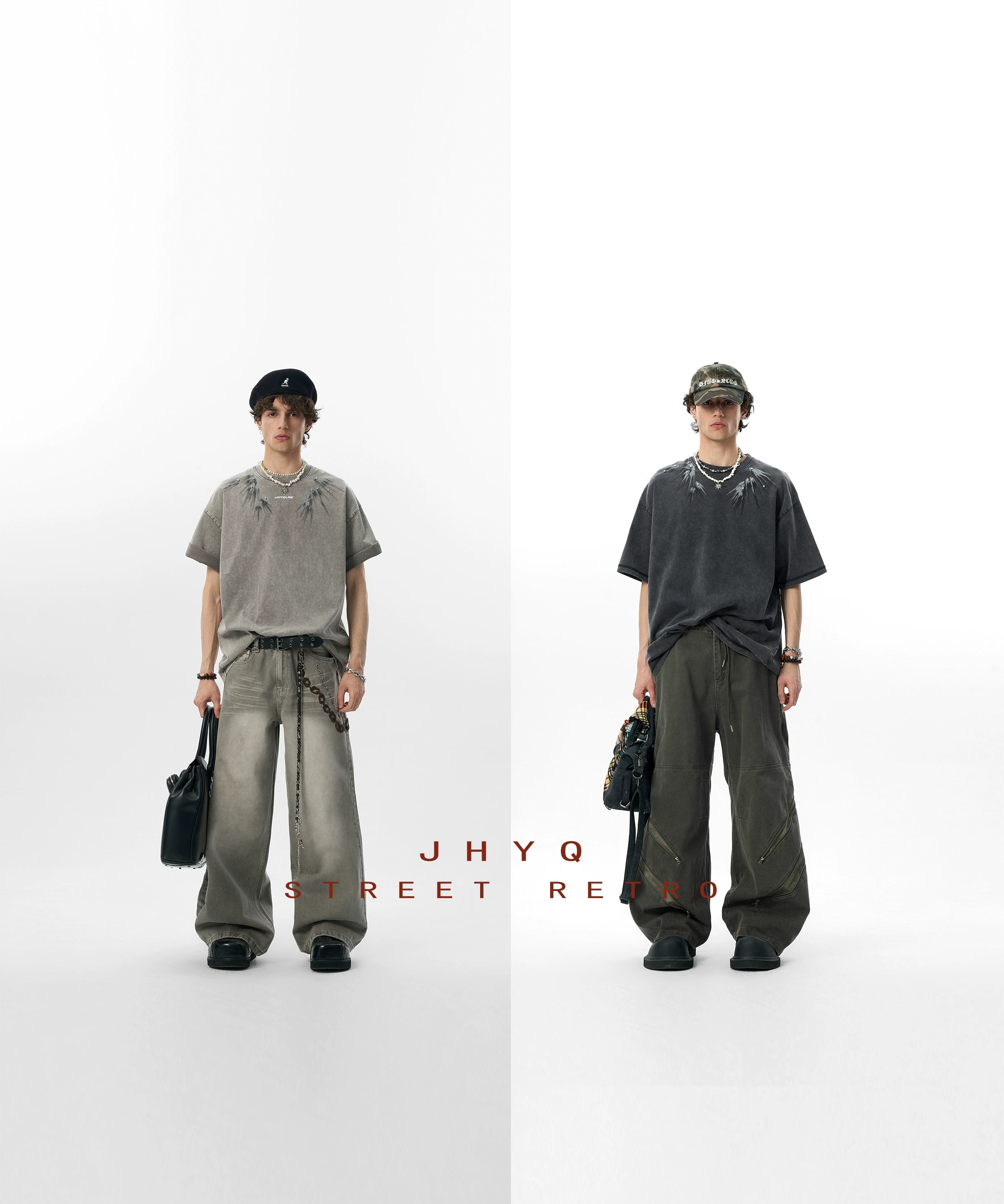 【燕尾】JHYQ美式水洗做旧印花镶钻短袖T恤男宽松重磅圆领上衣夏