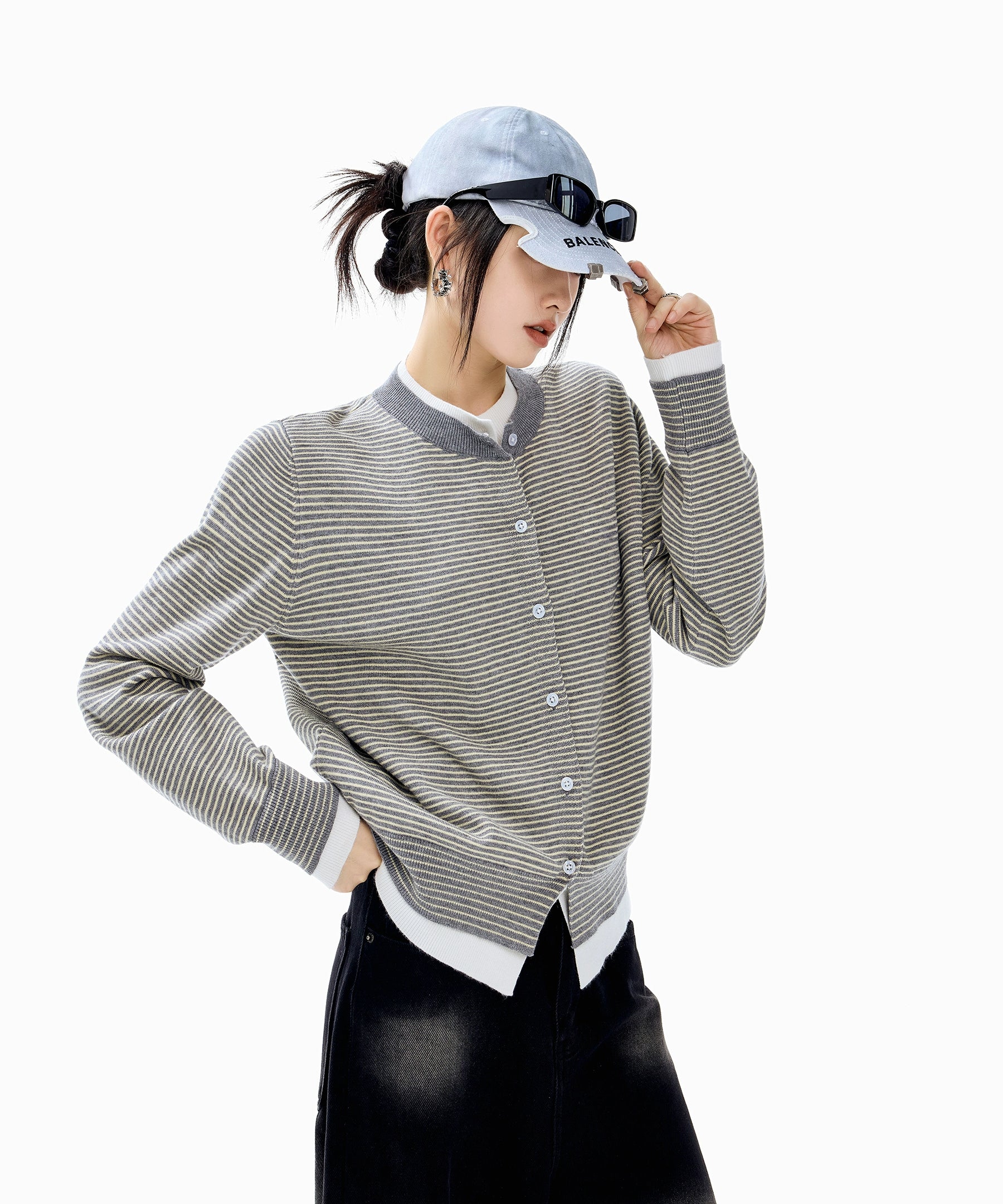 ICH MODE 美式假两件撞色条纹针织开衫女秋冬季短款修身毛衣外套