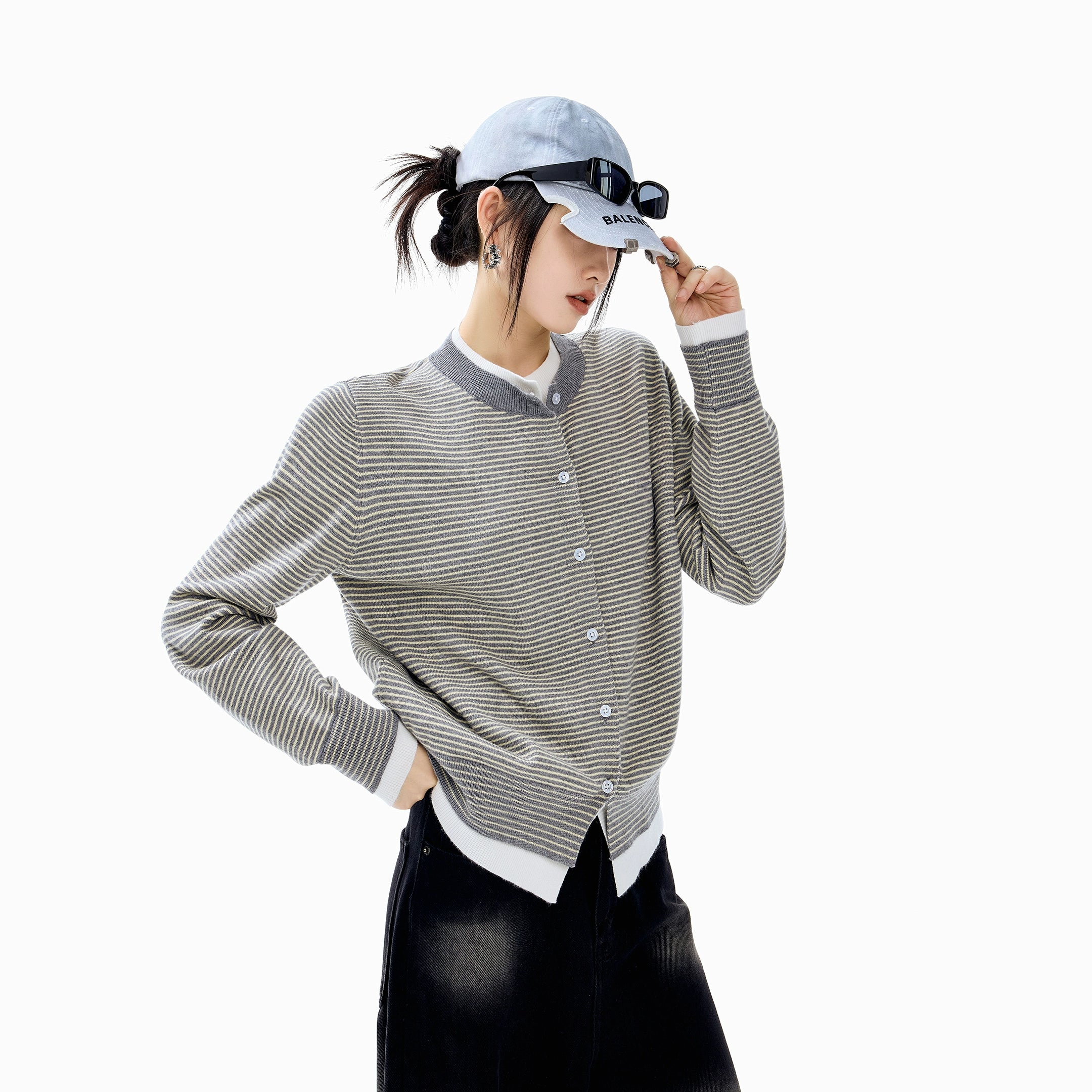 ICH MODE 美式假两件撞色条纹针织开衫女秋冬季短款修身毛衣外套