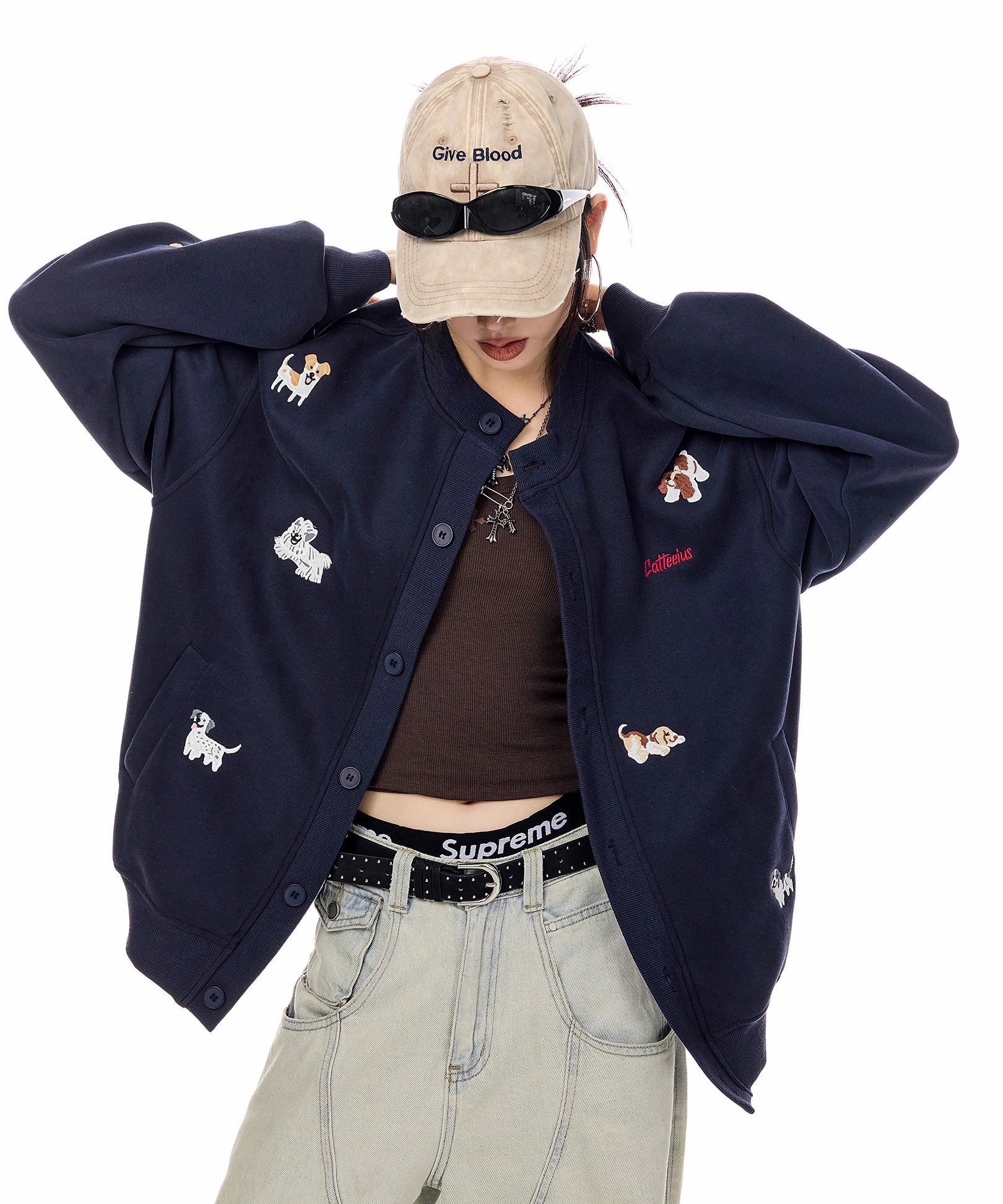 ICH MODE 美式复古小狗刺绣棒球领外套女2025秋冬季卫衣开衫上衣