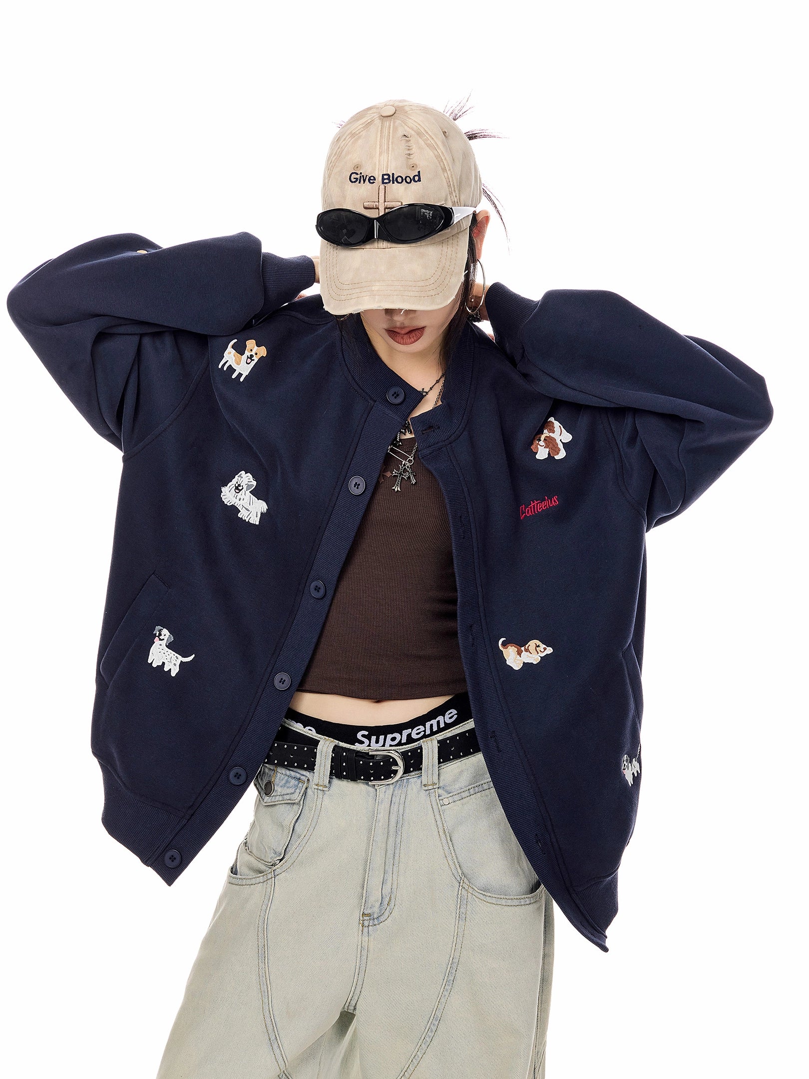 ICH MODE 美式复古小狗刺绣棒球领外套女2025秋冬季卫衣开衫上衣