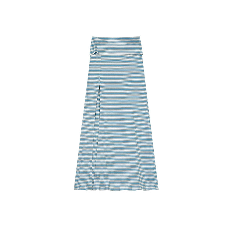 野生zero辣妹抹胸套装裙女夏季设计感小众条纹显瘦开叉直筒长裙子