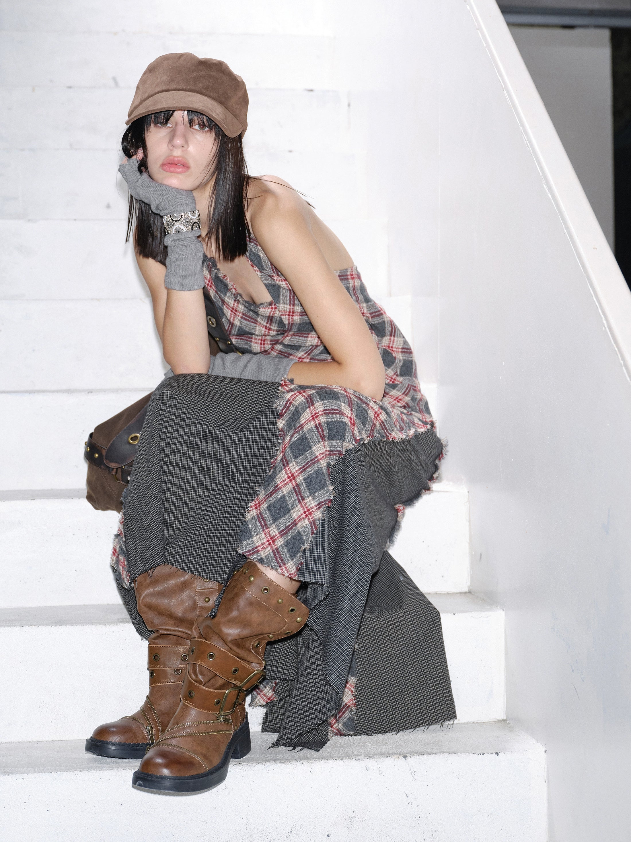 2th Desire原创时髦复古棕色重工做旧擦色拉链铆钉堆叠中筒长靴