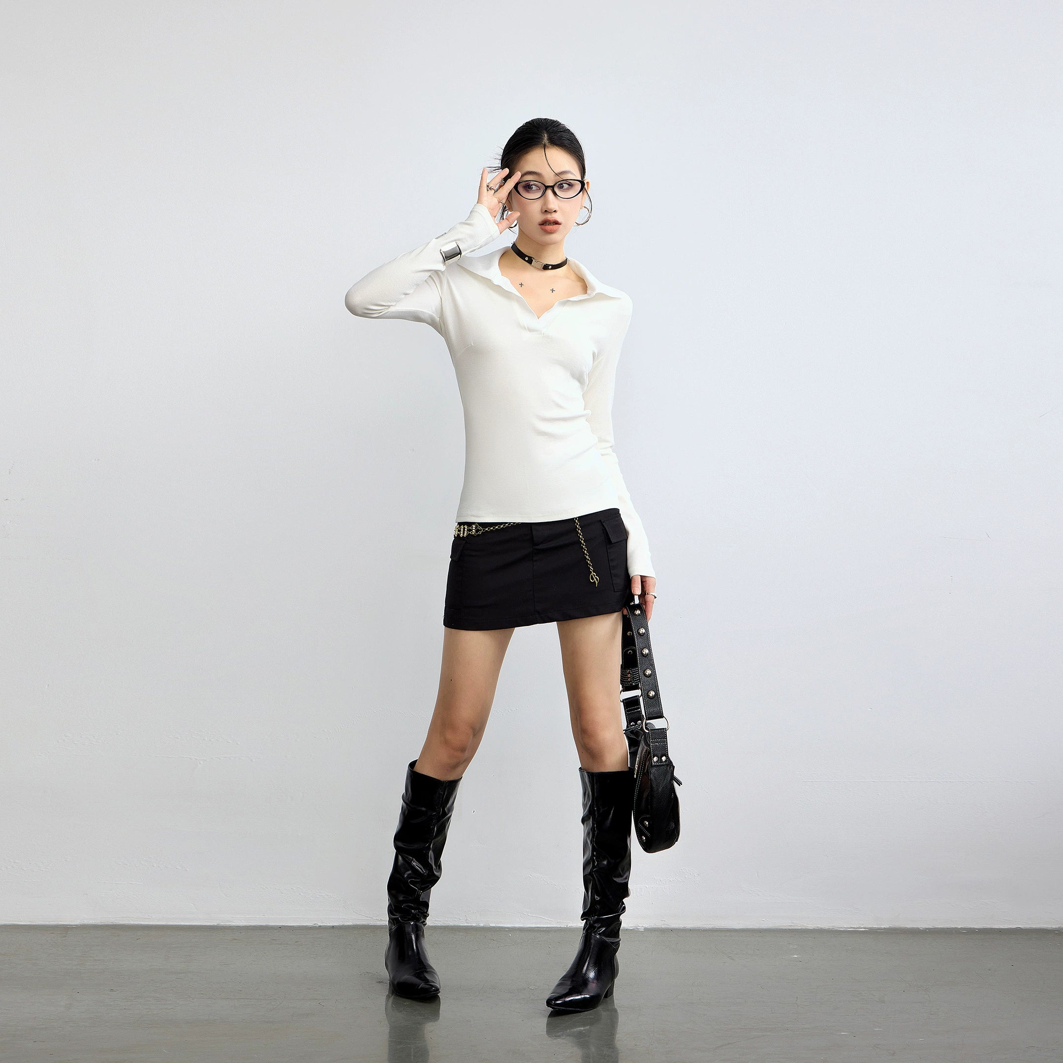 ICH MODE 美式POLO领针织长袖T恤女新款秋冬季修身上衣内搭打底衫