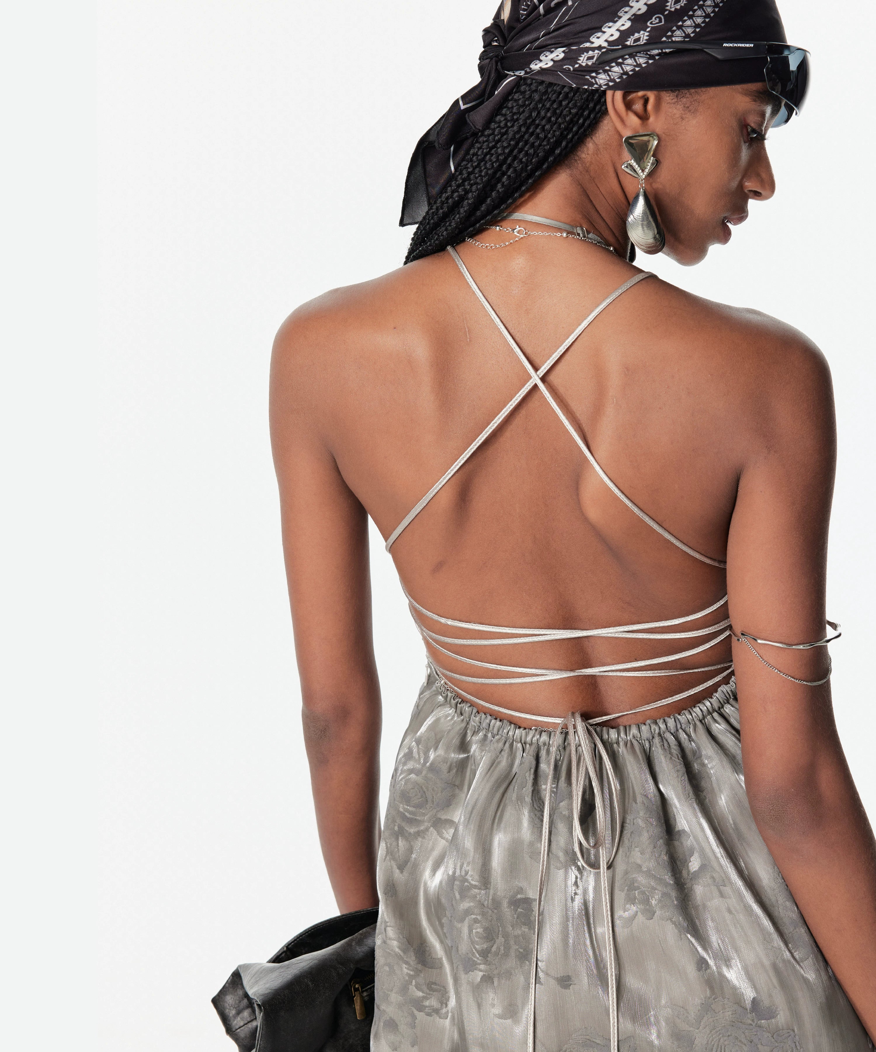 2th Desire假两件双层银丝花边绑带无袖露背度假风吊带裙连衣裙女