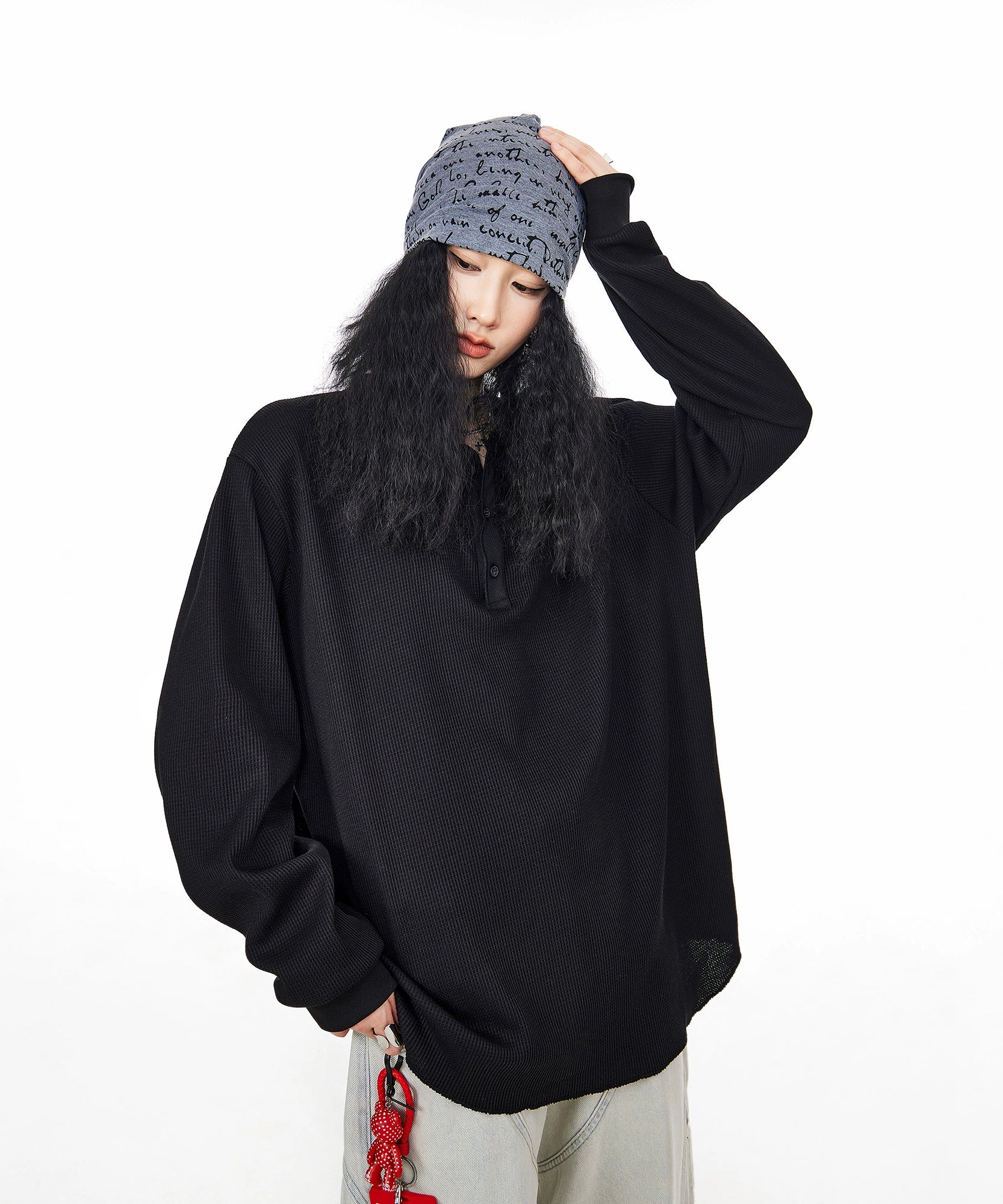 ICH MODE 美式亨利领长袖T恤女2025年夏季新款华夫格宽松休闲罩衫