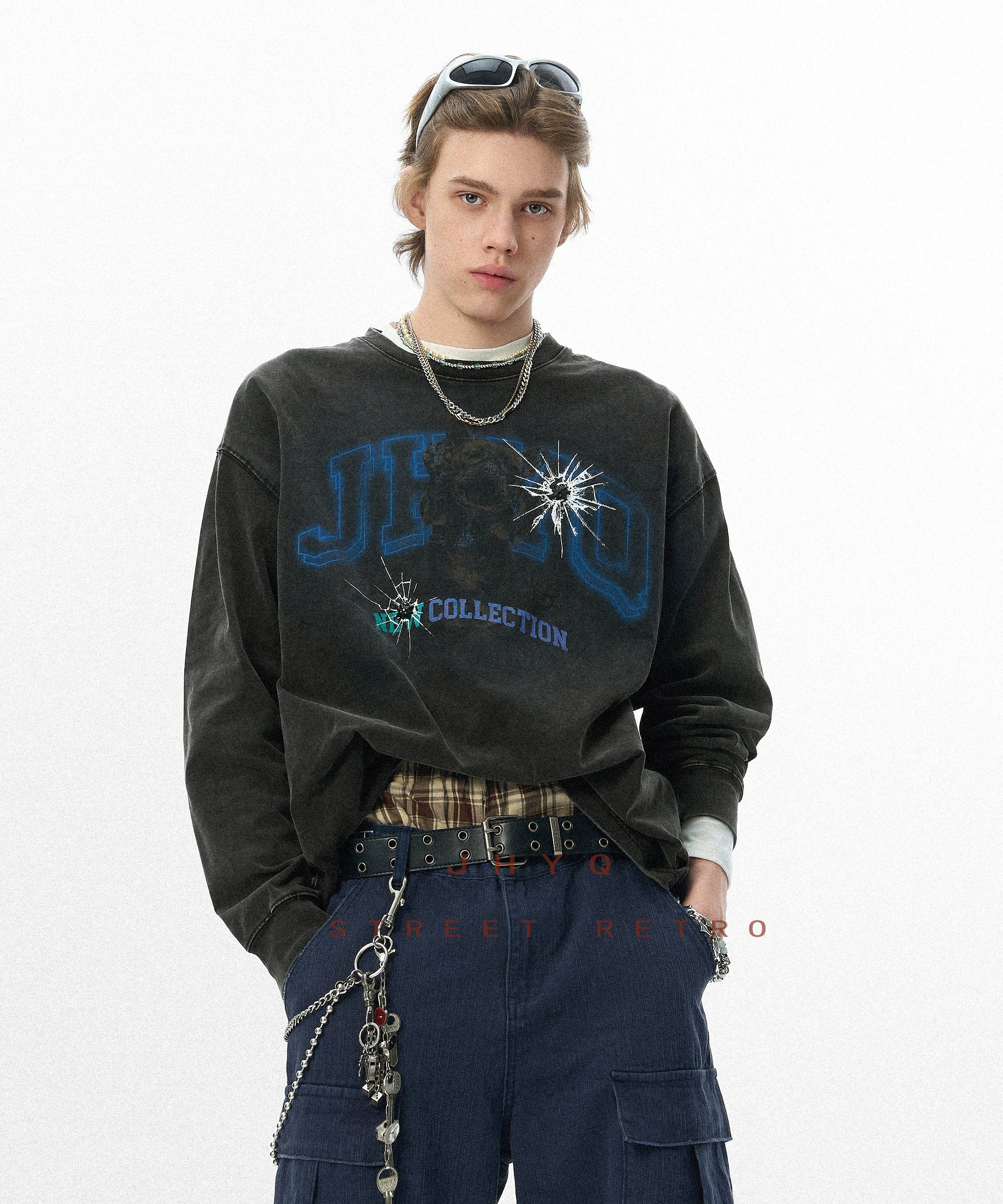 法斗犬丨JHYQ美式复古秋季水洗重磅320G长袖T恤男情侣印花卫衣衫