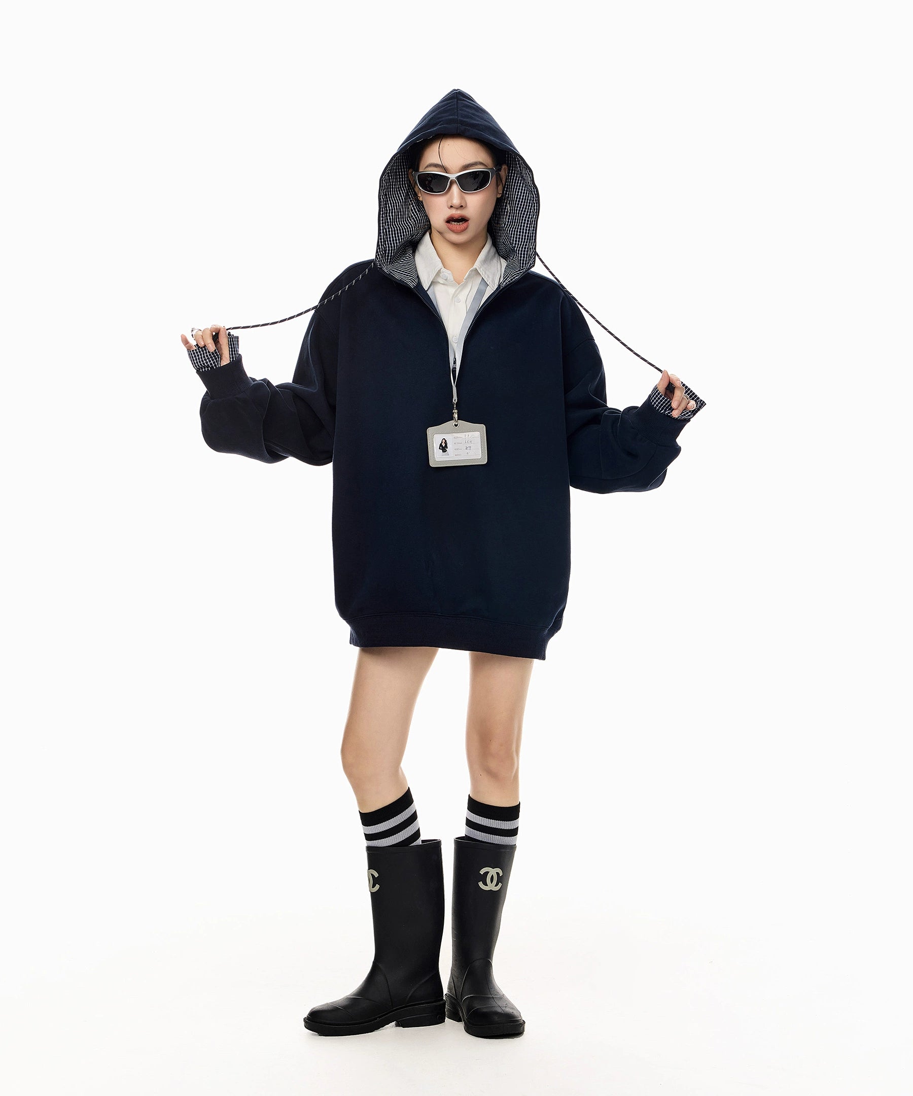 ICH MODE 美式复古格子拼接连帽卫衣女秋冬季半开领运动上衣外套