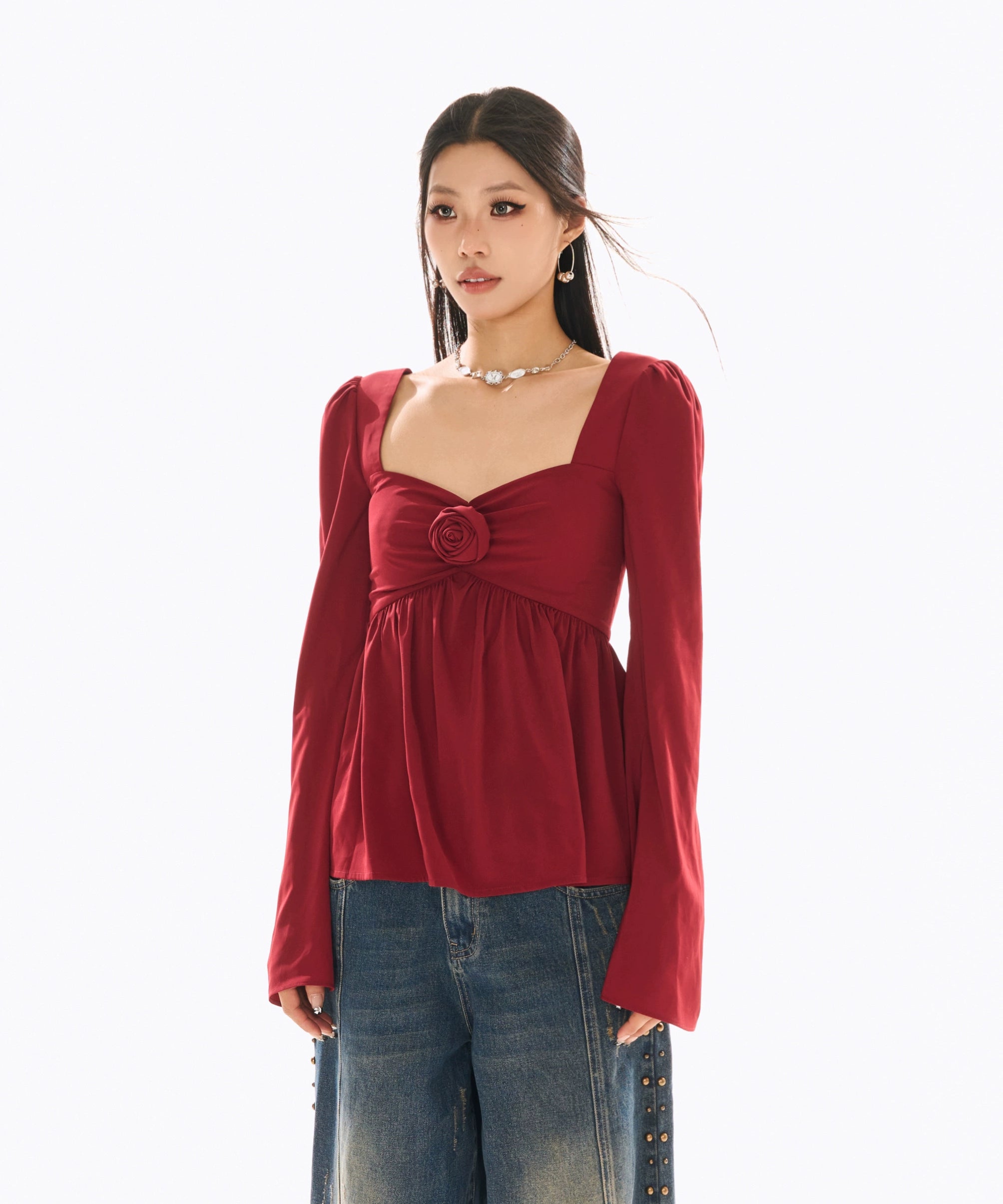 野生zerocircle红色法式别致小衫女春辣妹小众显瘦花朵喇叭袖上衣