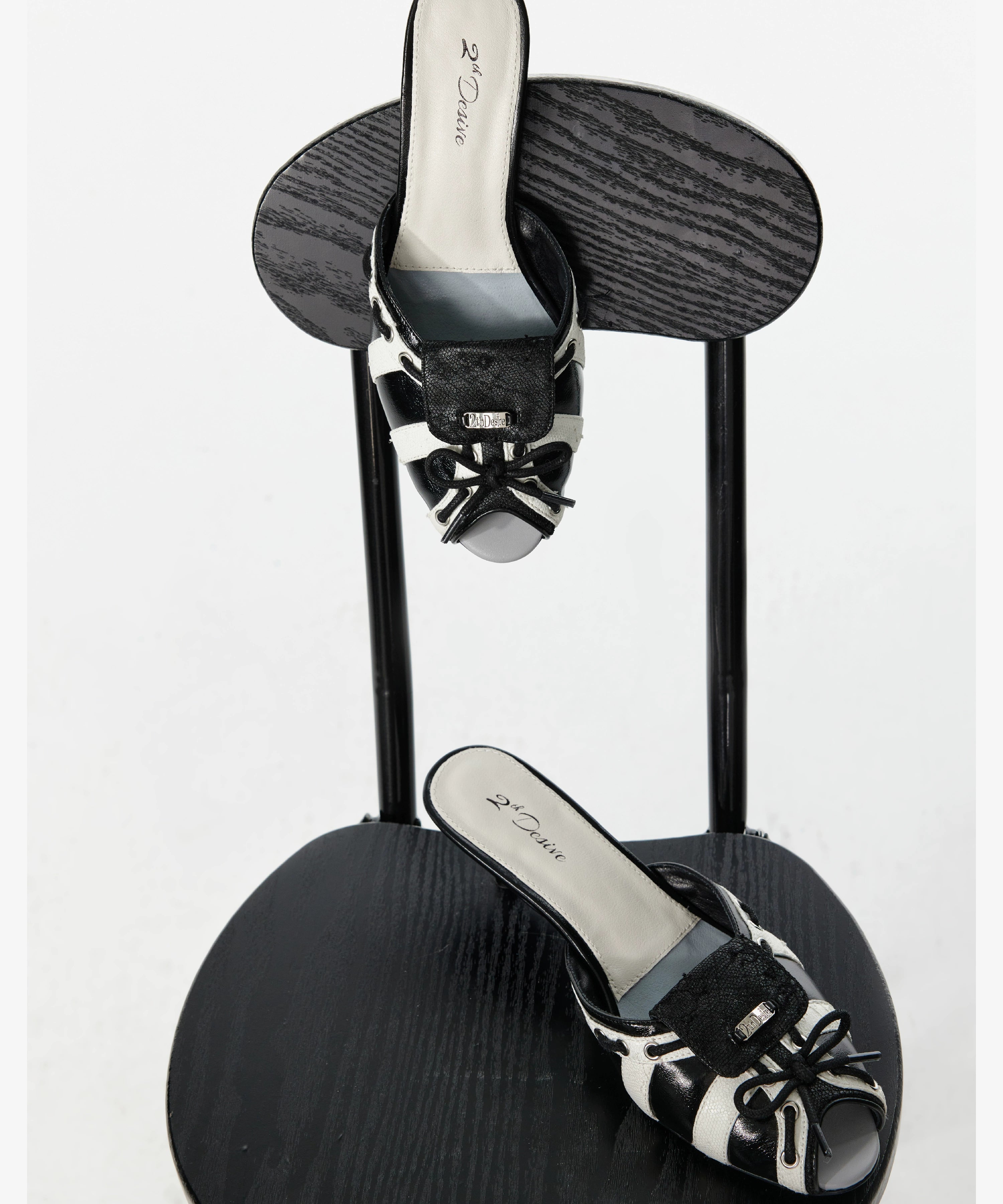 2th Desire原创鞋带绑带撞色蕾丝拼接小猫跟鱼嘴凉鞋低跟露趾拖鞋