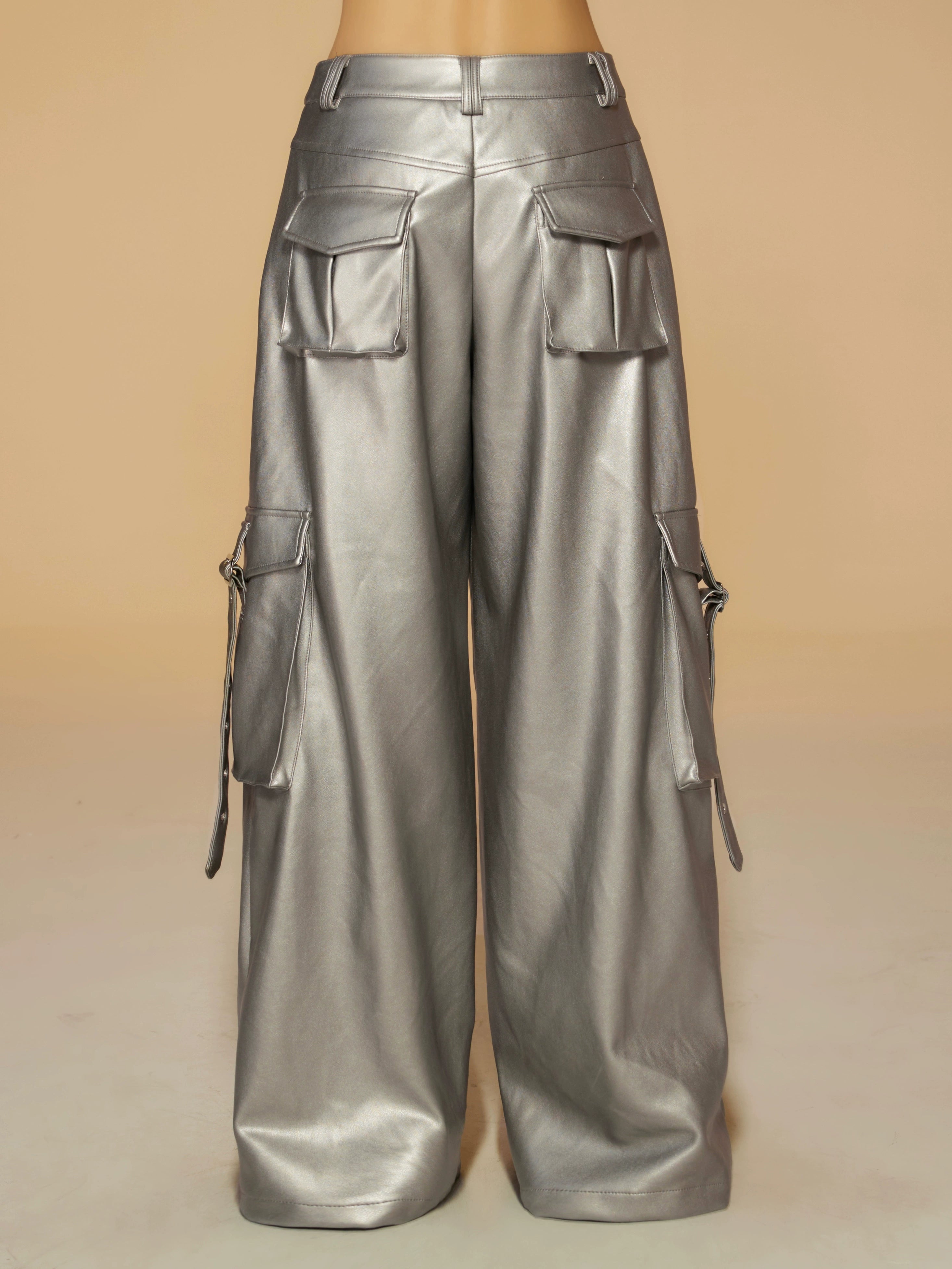 野生zerocircle皮裤女春季设计感宽松显瘦直筒休闲阔腿黑银色裤子