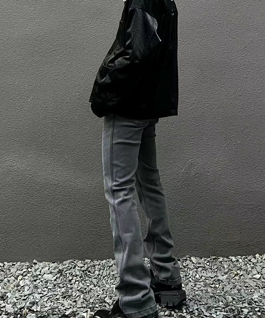 潮WOO专属TERRAINCOGNITA新款微喇叭宽松水洗灰简约百搭牛仔裤男