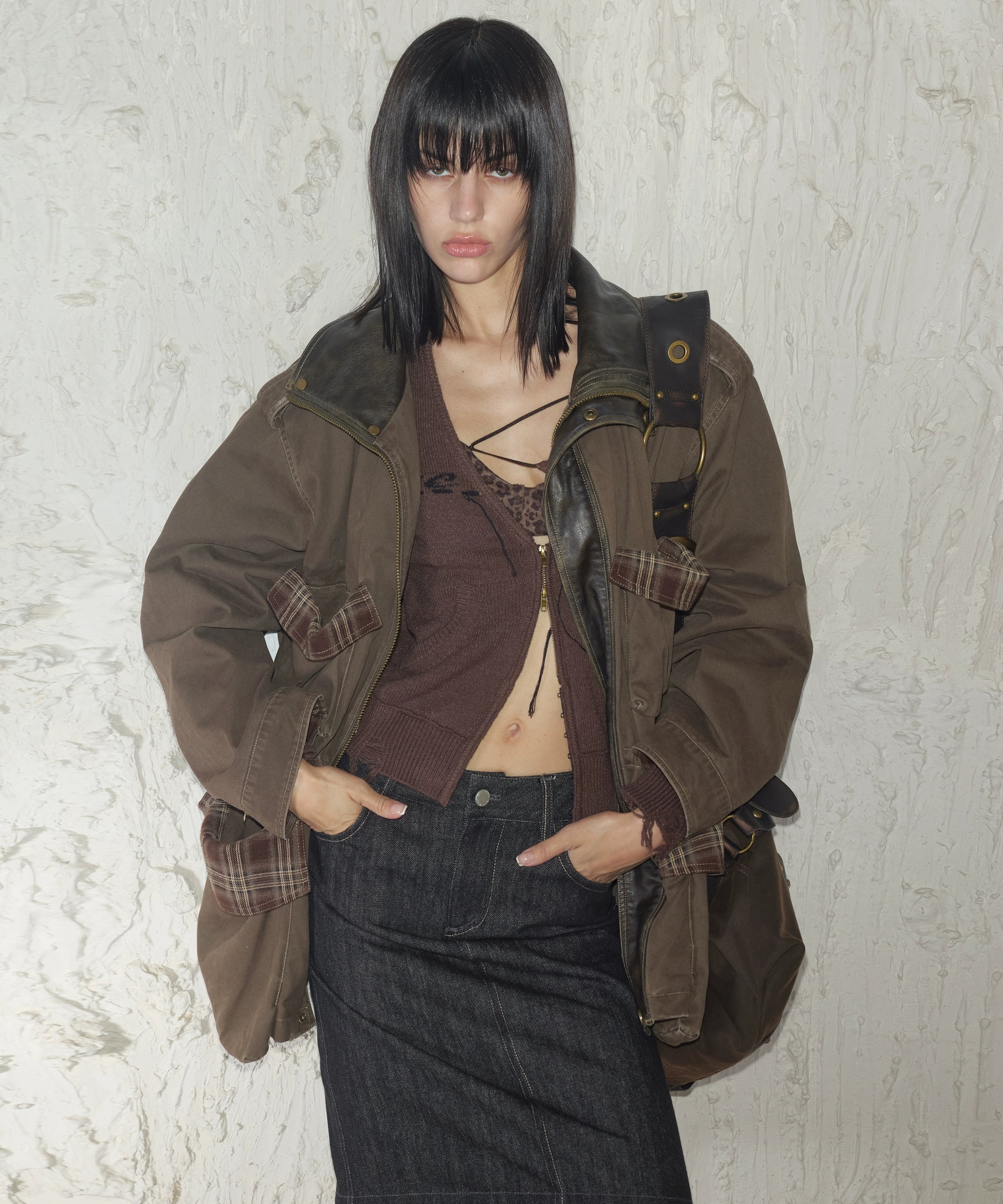 2th Desire重工做旧磨破复古拼色拉链中长款立体口袋工装风衣外套