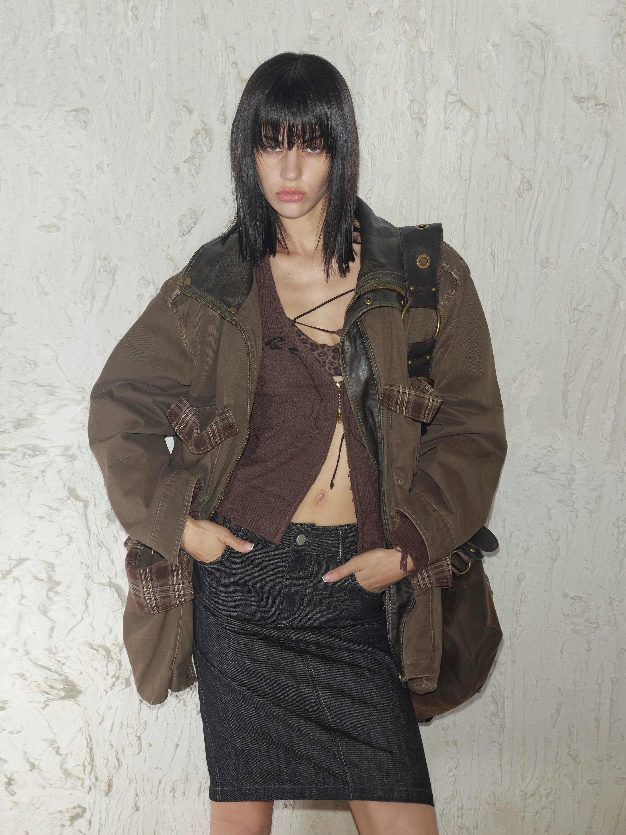 2th Desire重工做旧磨破复古拼色拉链中长款立体口袋工装风衣外套