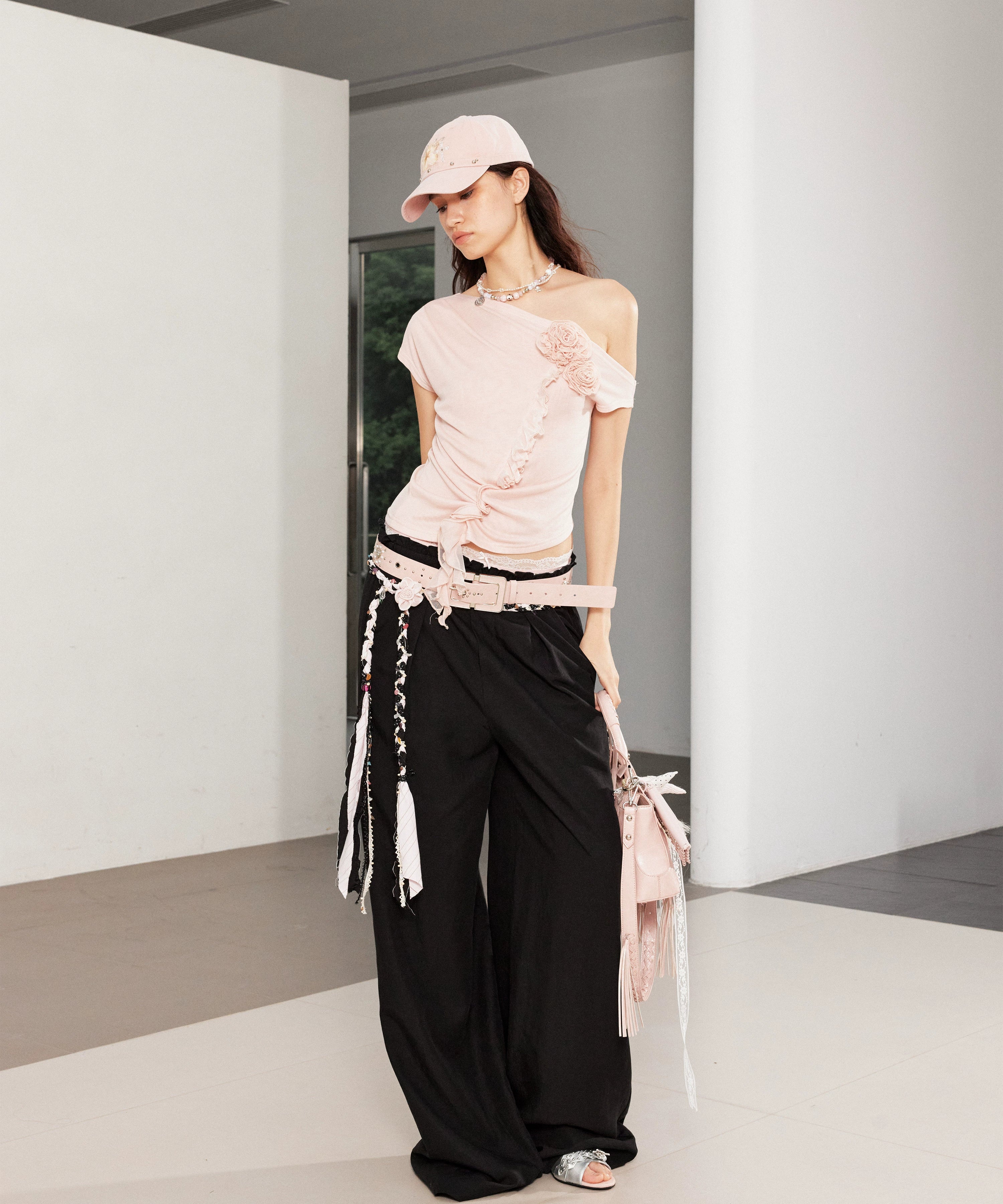 2th Desire复古松弛垂坠撞色腰头蕾丝花边拼接宽松直筒亚麻休闲裤