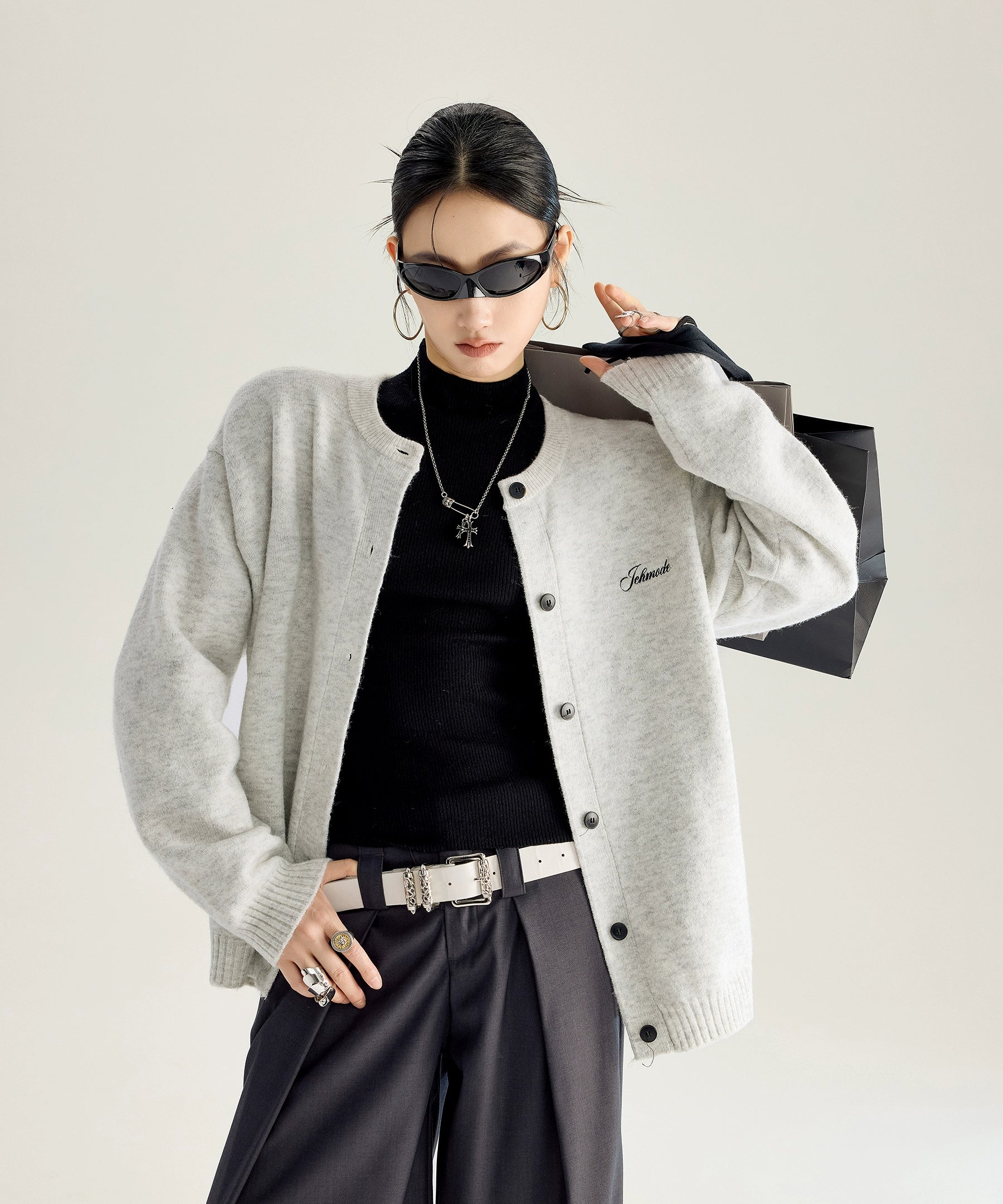 ICH MODE 美式复古珍珠刺绣毛针织开衫女秋冬季百搭休闲毛衣外套