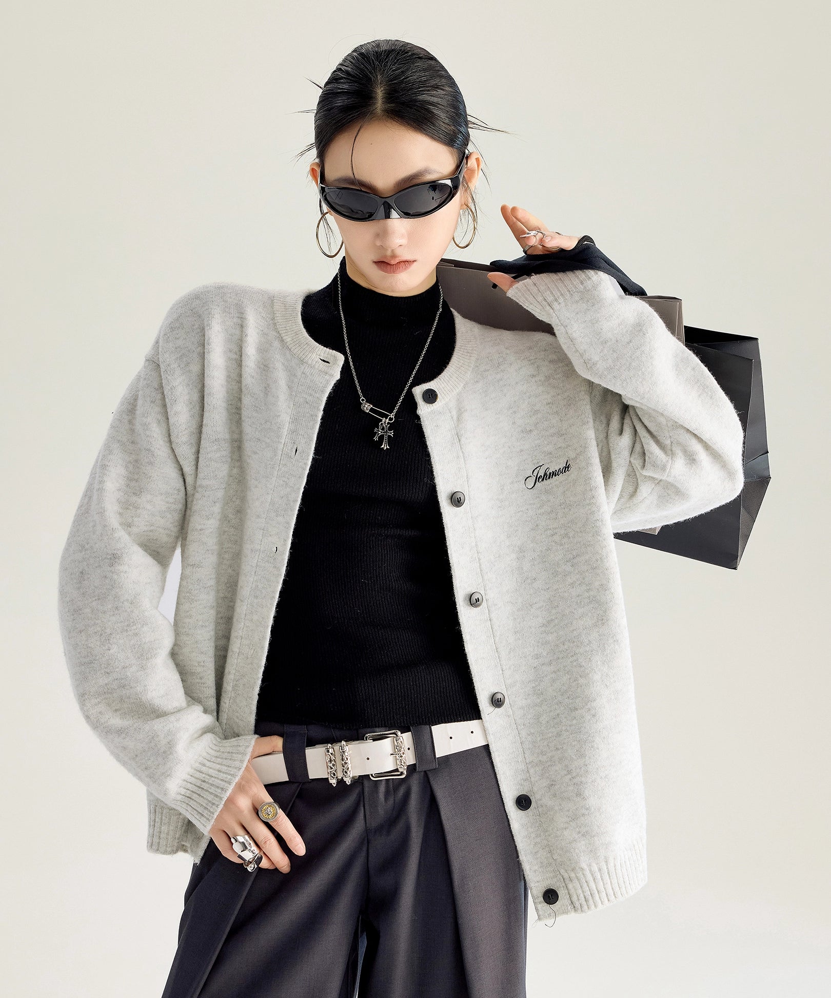 ICH MODE 美式复古珍珠刺绣毛针织开衫女秋冬季百搭休闲毛衣外套