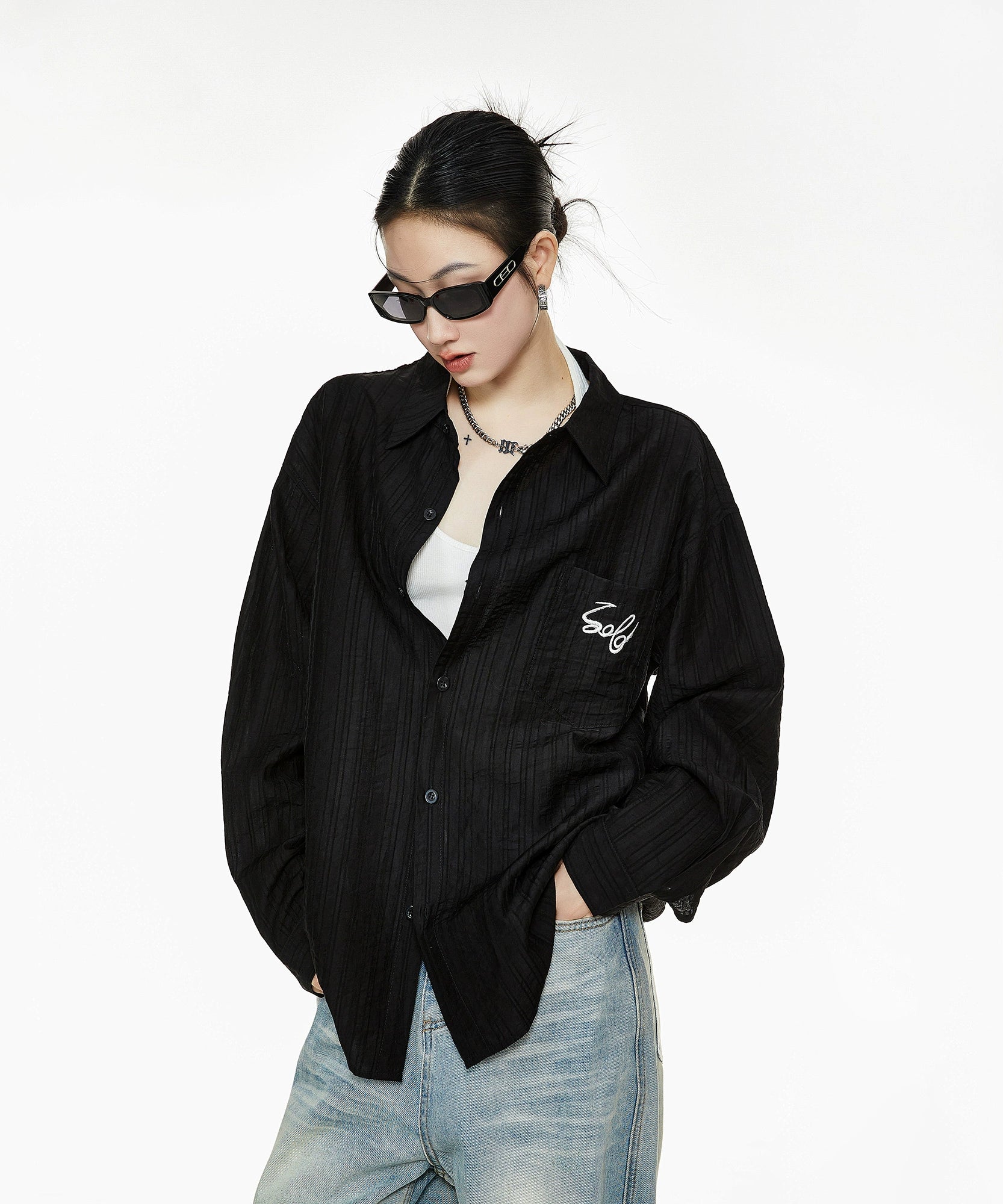 ICH MODE 美式复古刺绣长袖衬衫女夏轻薄物理防晒莱赛尔衬衣外套