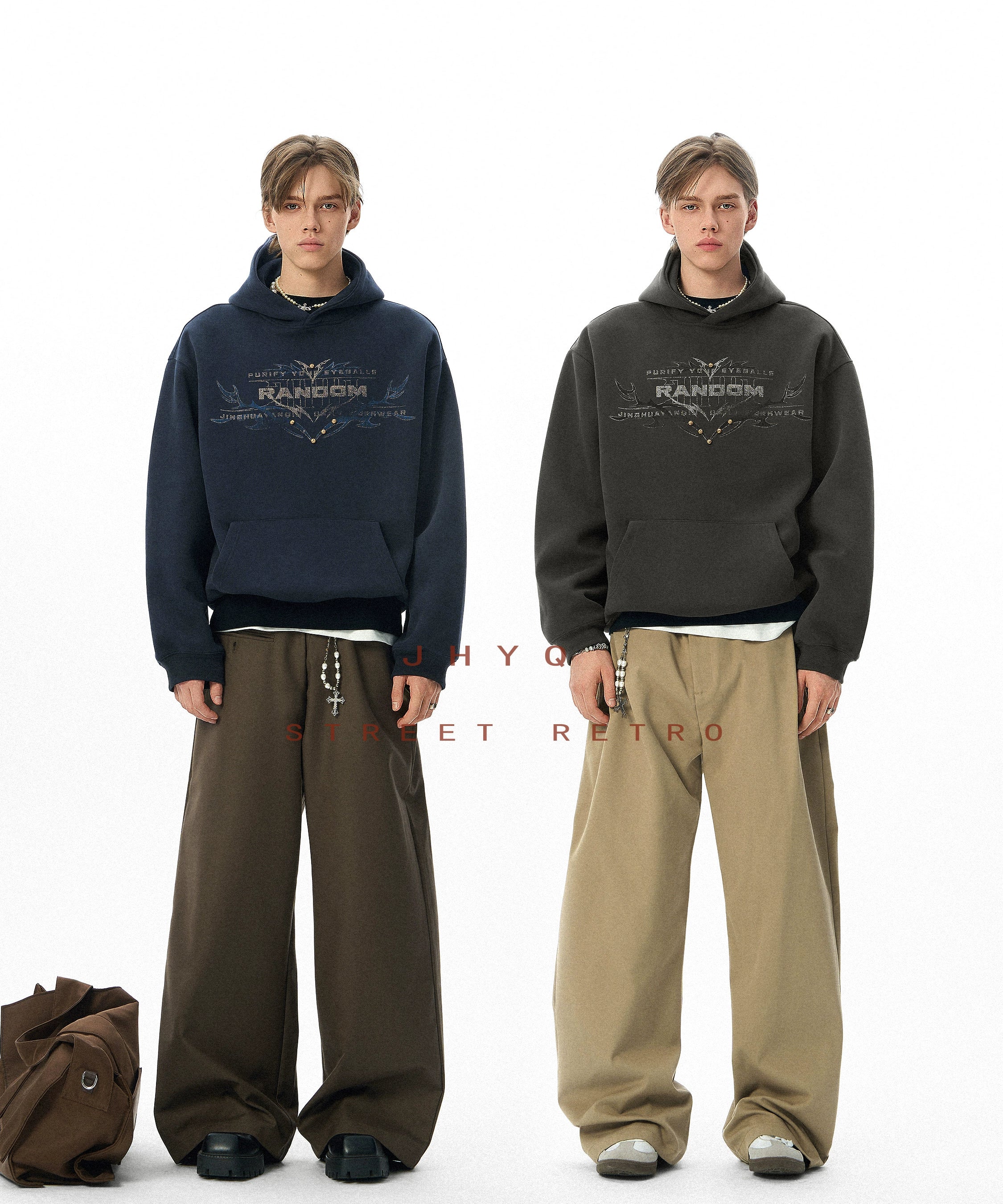 狐狸轮廓丨JHYQ美式复古铆钉字母印花连帽卫衣男秋季宽松休闲帽衫