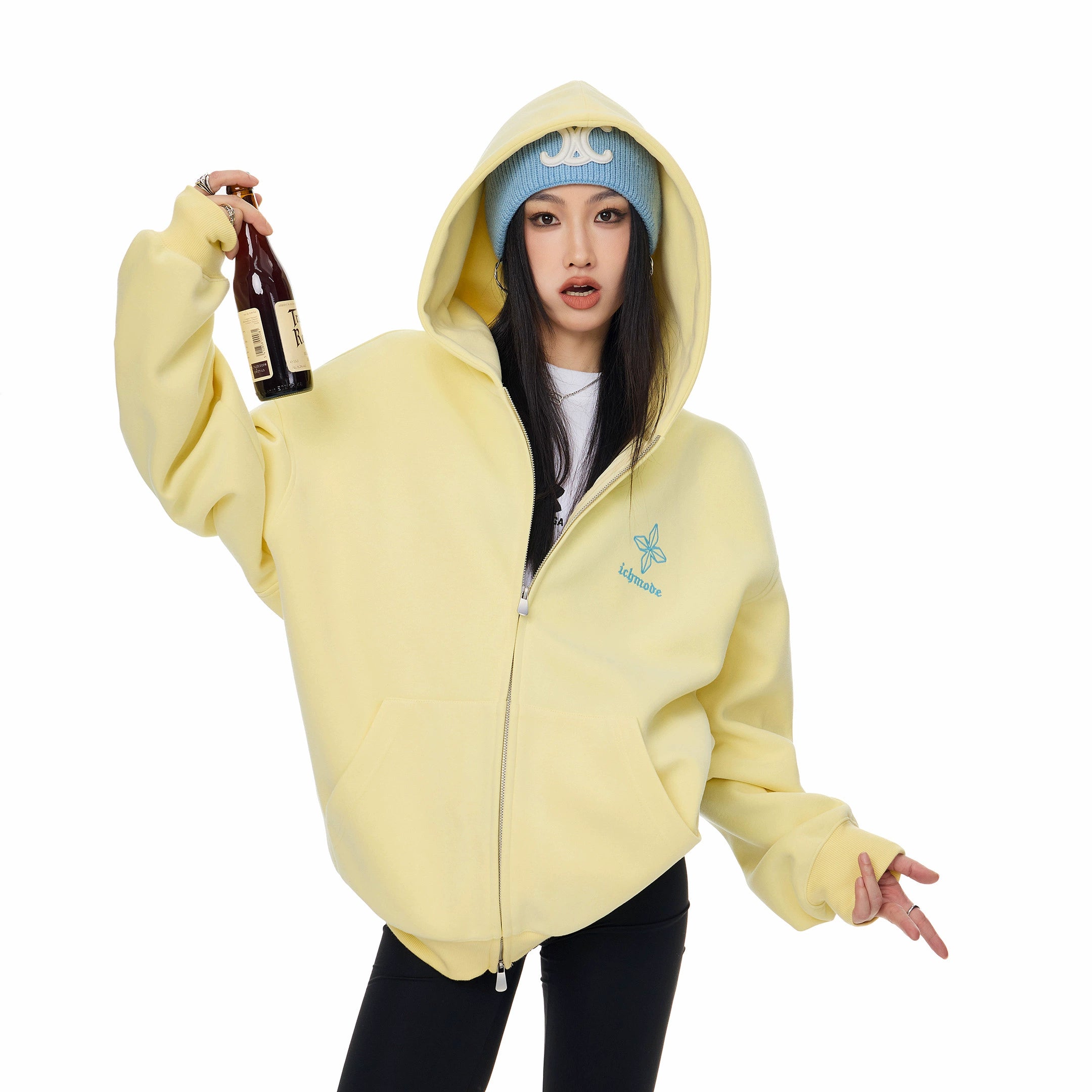 ICH MODE 美式复古哥特十字连帽卫衣外套女秋冬季双拉链开衫上衣