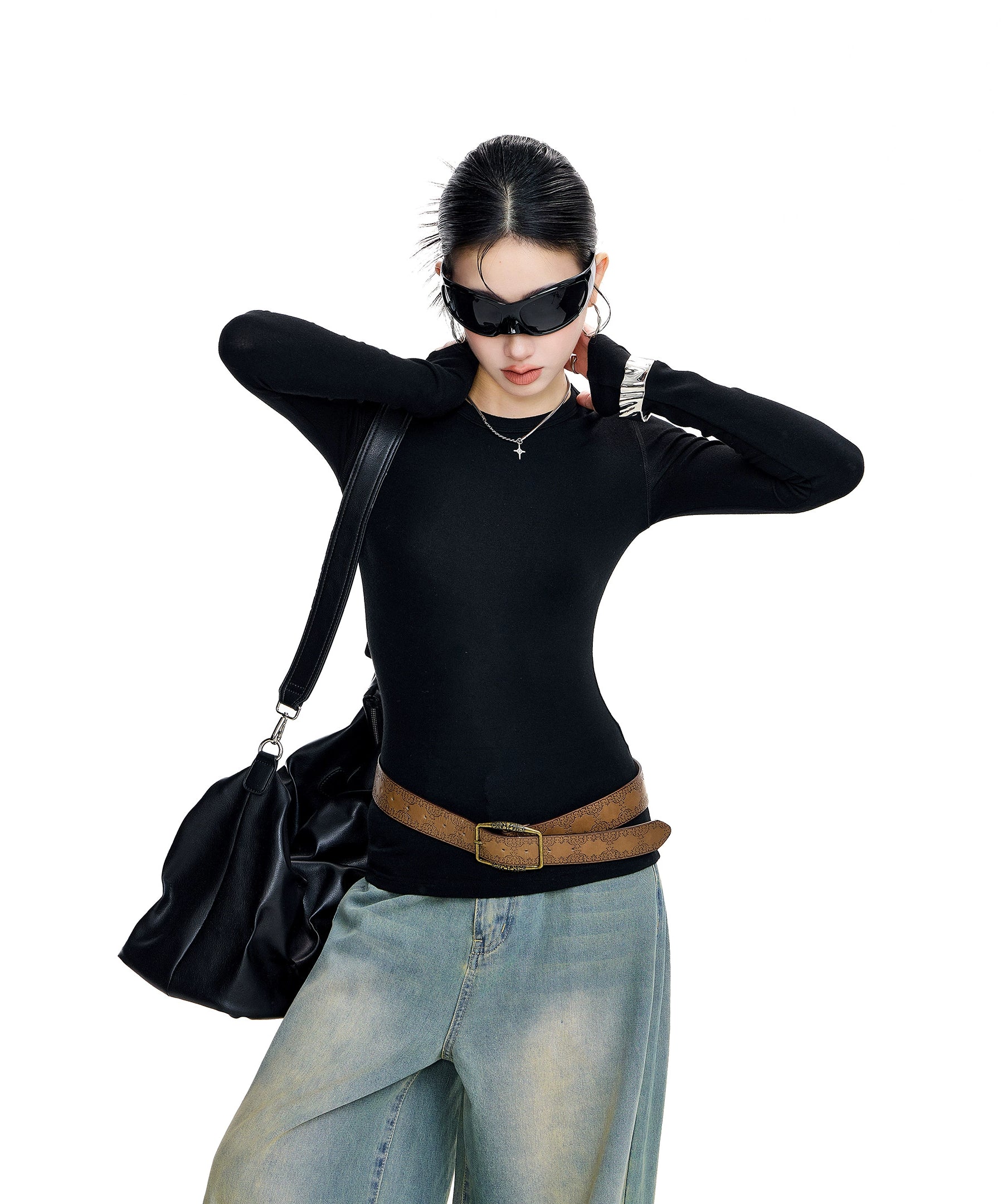 ICH MODE 美式复古正肩长袖T恤女秋冬修身内搭打底衫一字肩上衣