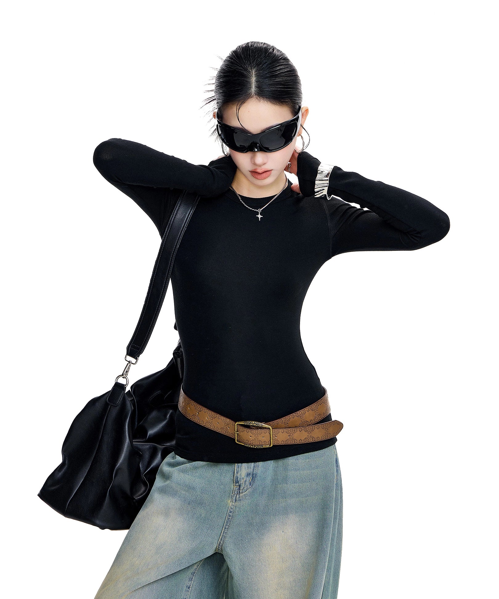 ICH MODE 美式复古正肩长袖T恤女秋冬修身内搭打底衫一字肩上衣