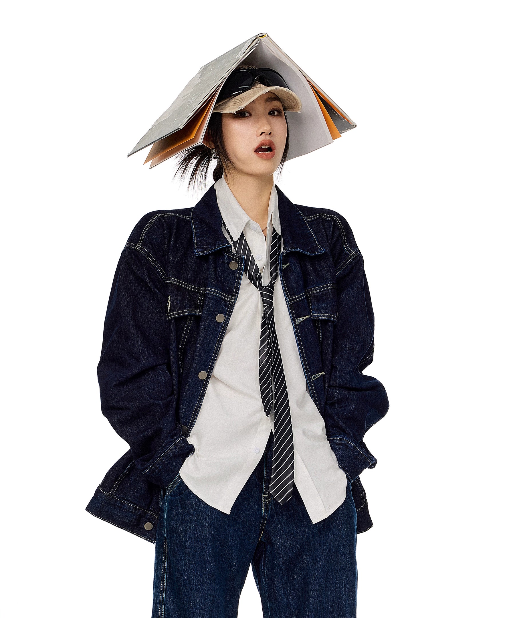 ICH MODE 美式复古水洗牛仔外套女秋冬翻领工装夹克宽松休闲上衣