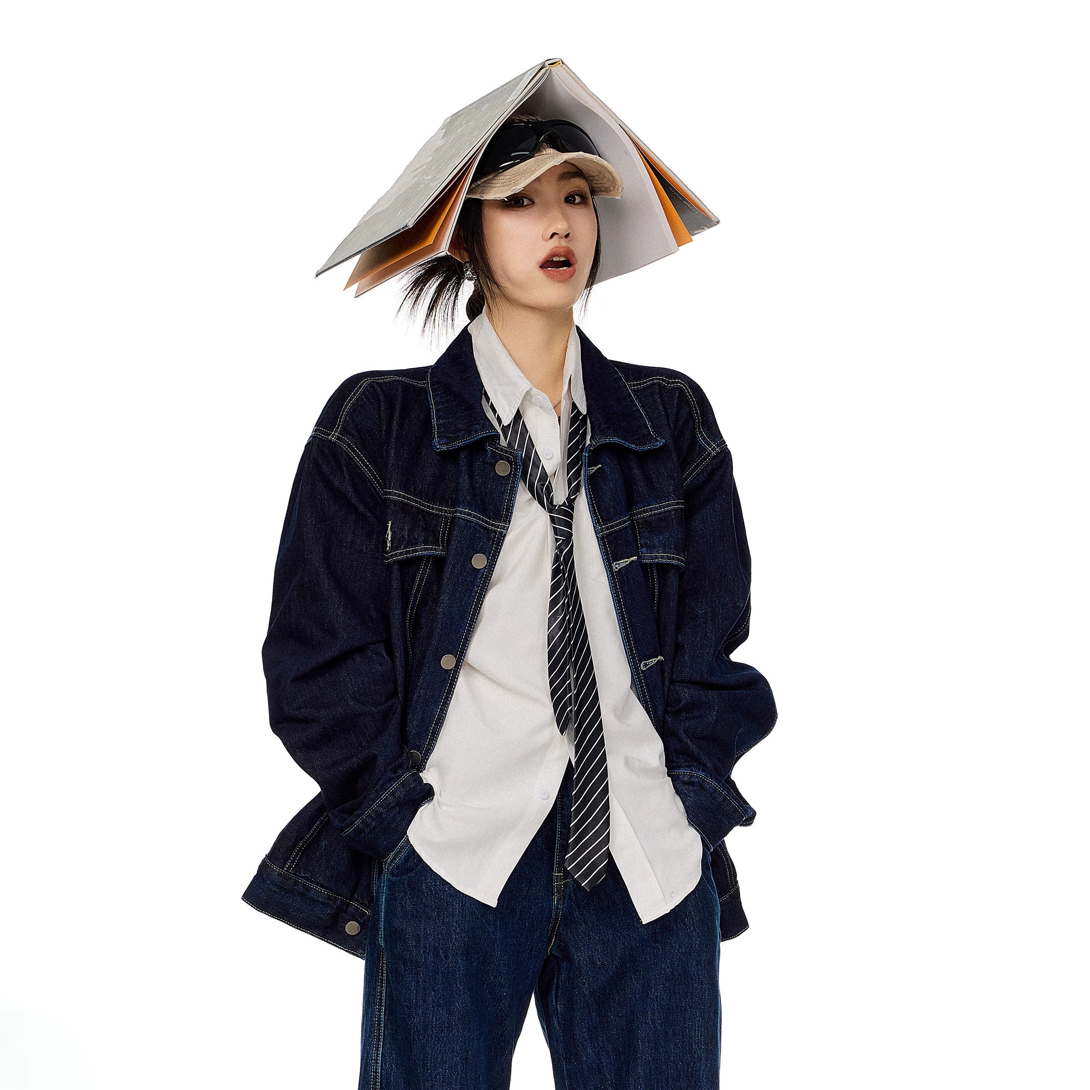 ICH MODE 美式复古水洗牛仔外套女秋冬翻领工装夹克宽松休闲上衣