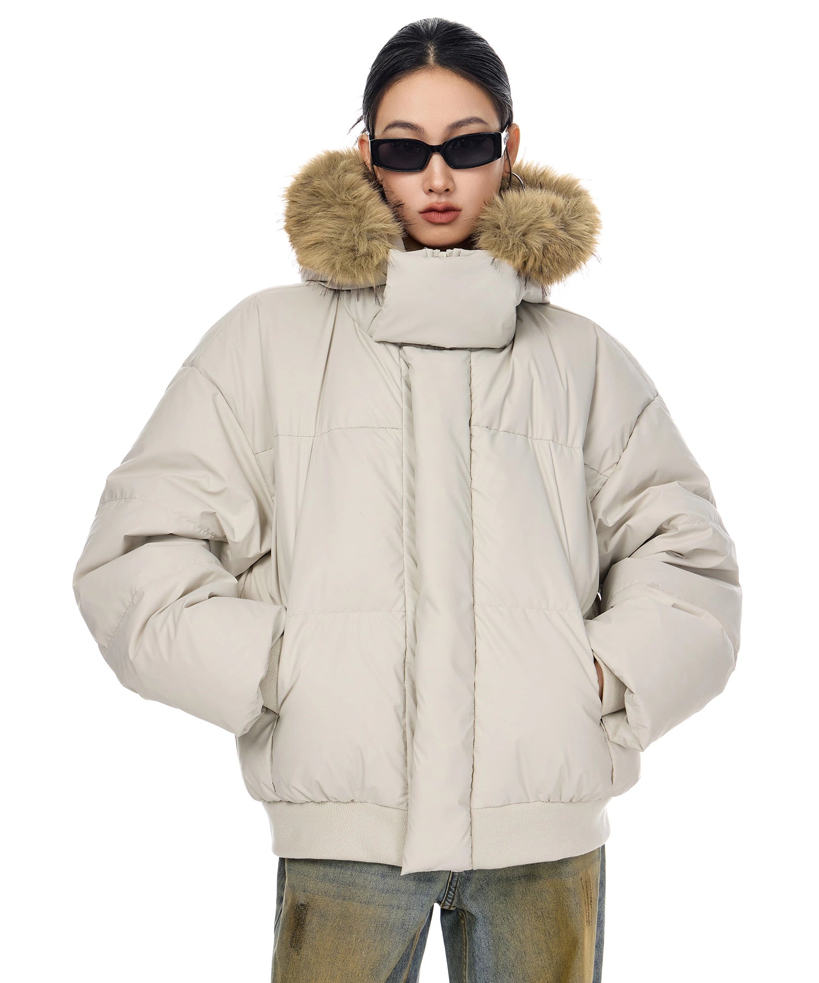 ICH MODE 90白鸭绒美式复古毛领连帽羽绒服女秋冬季保暖防寒外套